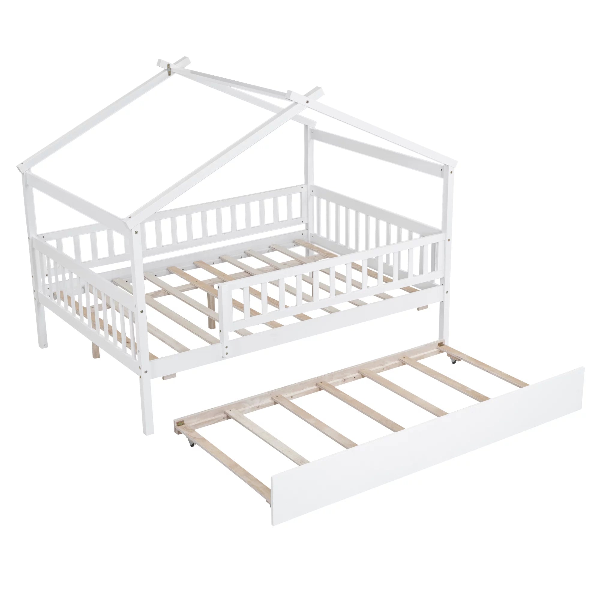 Bellemave Full Size House Bed with Trundle Playhouse Platform Bed Wooden House-shaped Bed Frame with Fence Guardrail and Roof Tent Beds for Kids, Boys, Girls, Teens (White, Full Size)