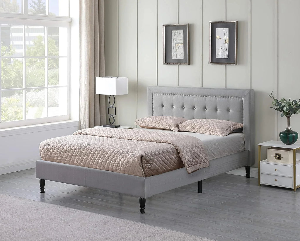 Athena II Premiere Classics Upholstered Linen Cloth Platform Bed II Button Tufted II 43.5" Tall Headboard II Mattress Foundation II Easy Assembly II Grey II Queen Furbed211_Queen_Grey