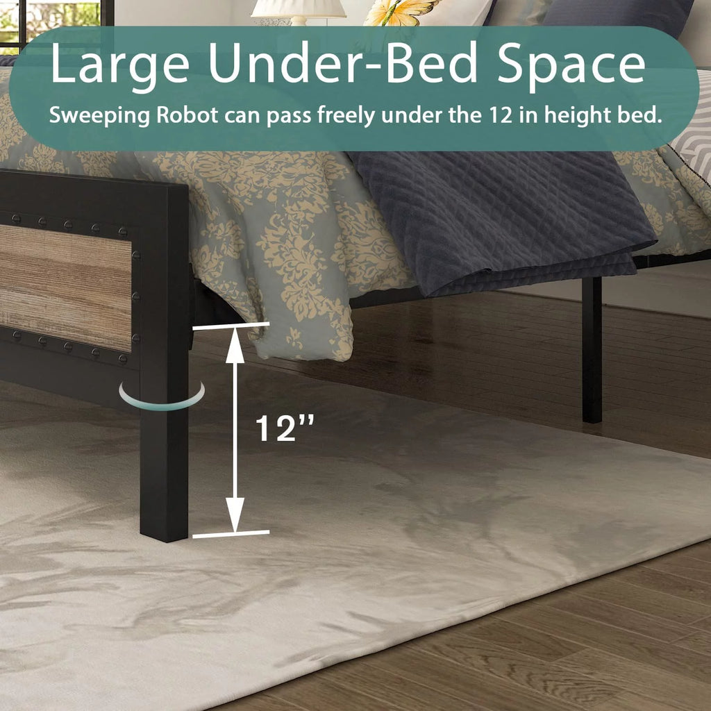 Allewie Brown Queen Size Metal Platform Bed Frame with Rivet Headboard and Black Frame, Industrial Wooden Headboard