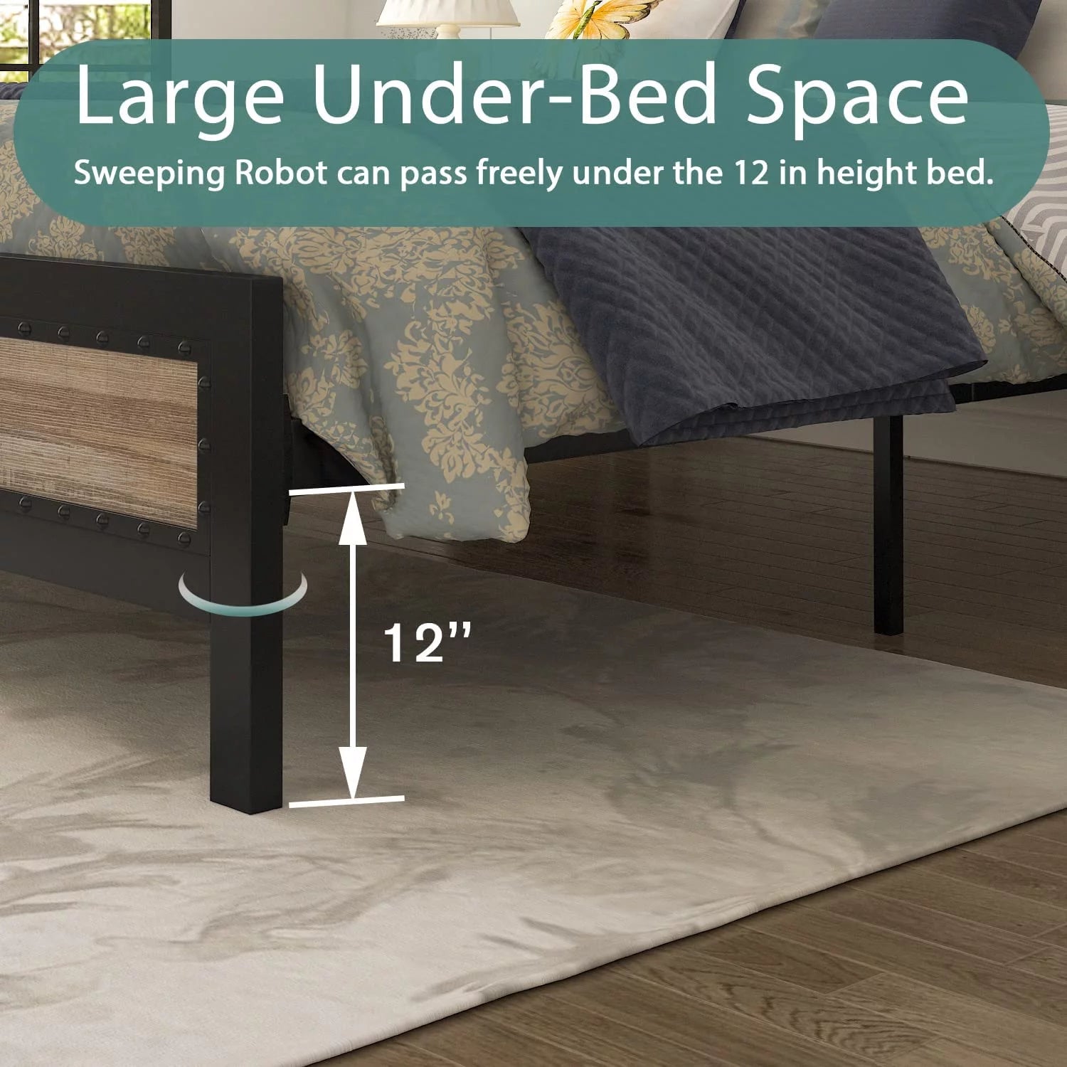 Allewie Brown Queen Size Metal Platform Bed Frame with Rivet Headboard and Black Frame, Industrial Wooden Headboard