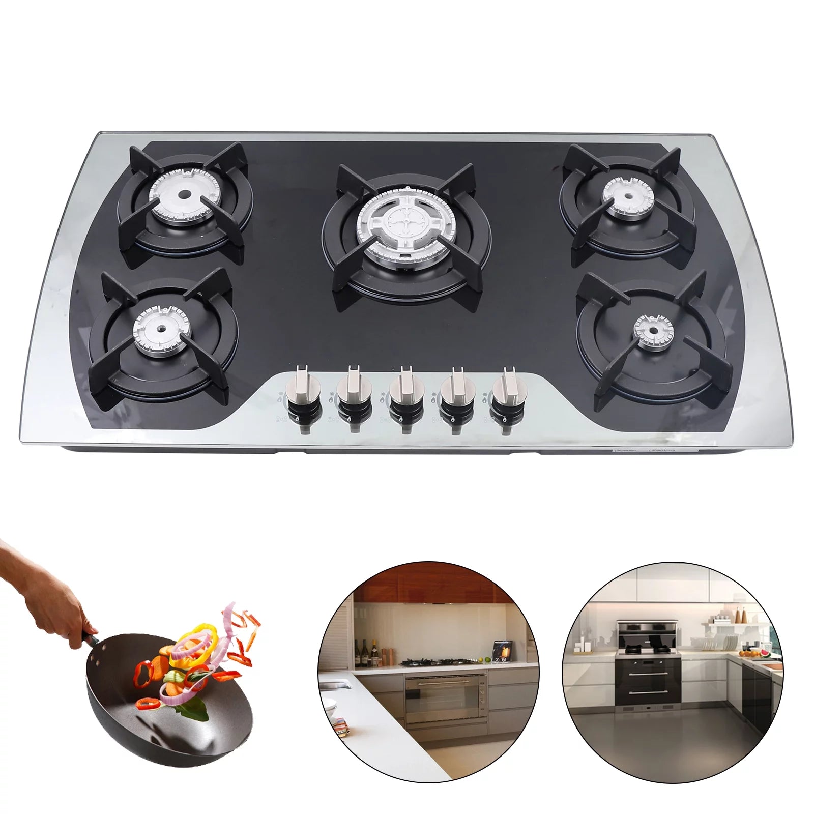 35 Inch Built-in Gas Cooktop 5 Burners Gas Stove Gas Hob Stovetop Stainless Steel Cooktop Cast Iron Grates, Black