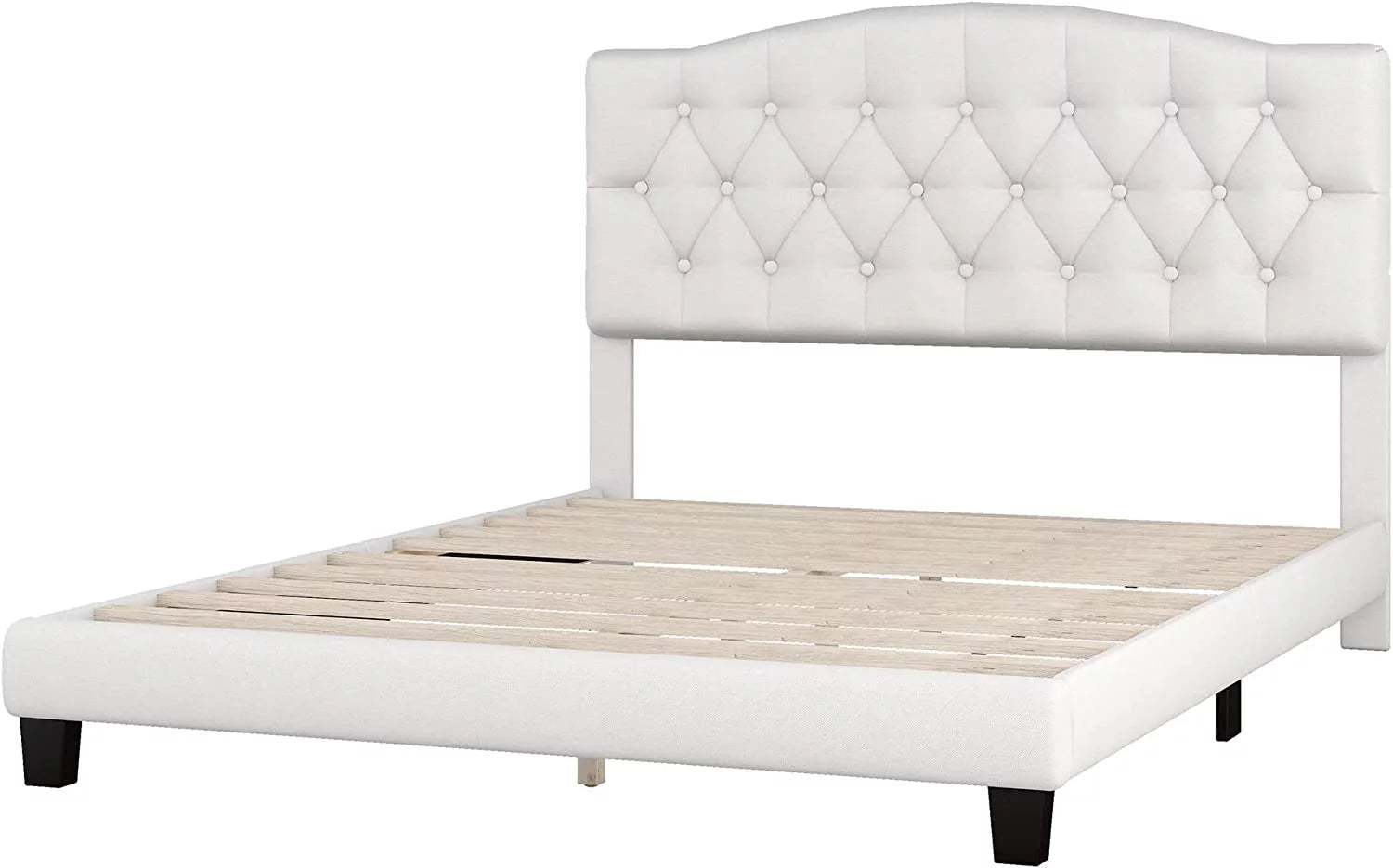 AngLink Linen Curved Upholstered Full Size Platform Bed with Diamond Tufted/Wood Bed Frame/Wood Slats, No Box Spring Needed -Beige, Full