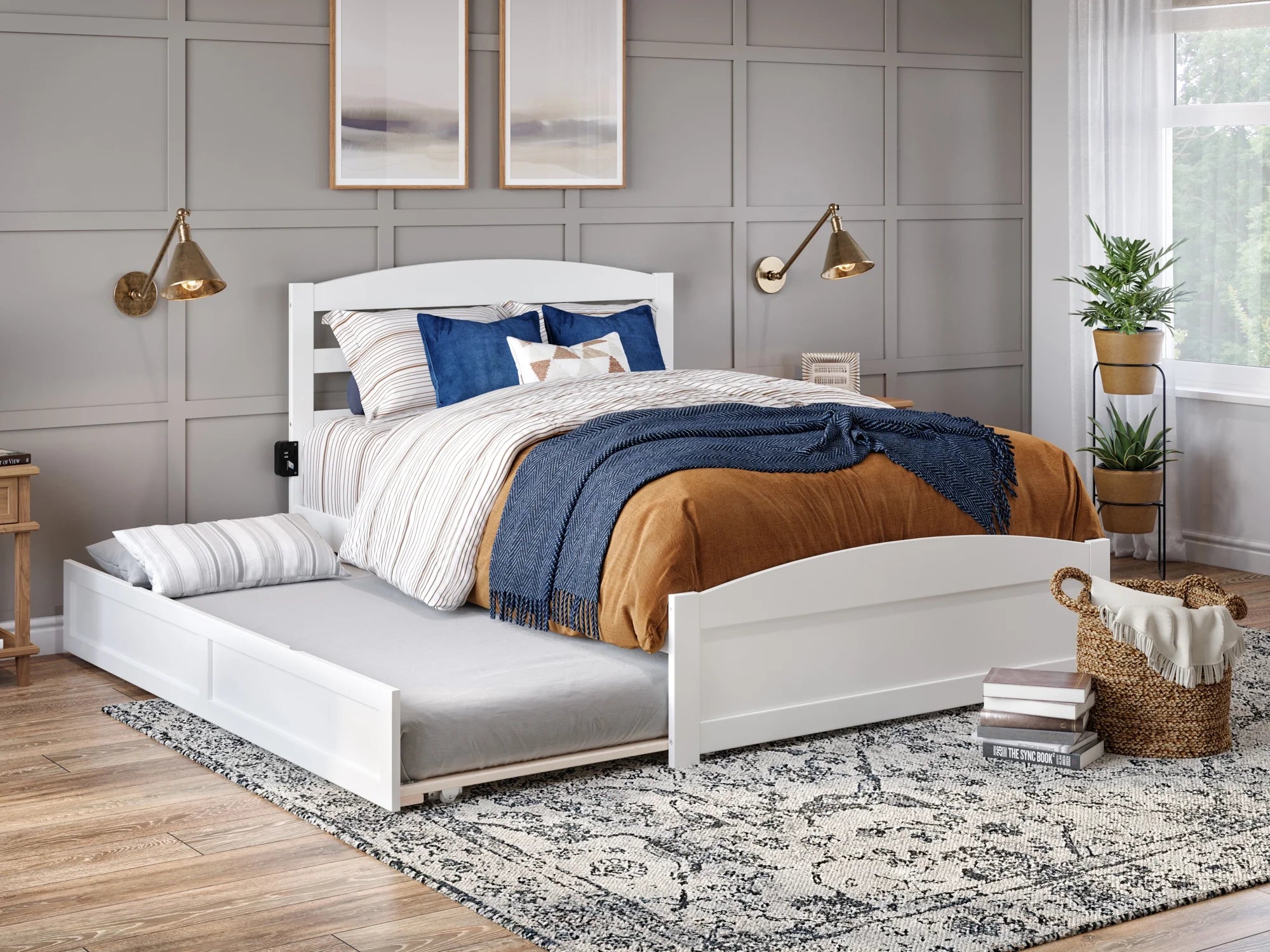 AFI Warren Queen Wood Platform Bed with Headboard Footboard & Twin XL Trundle, White