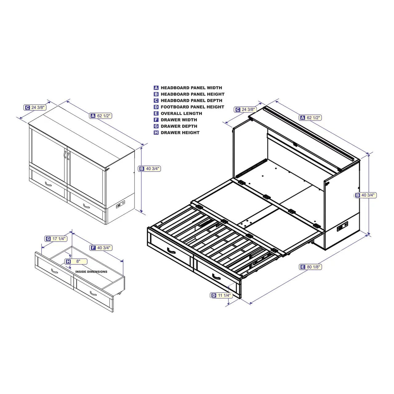 AFI Raleigh Modern Queen Solid Wood Murphy Bed Chest with Mattress in White
