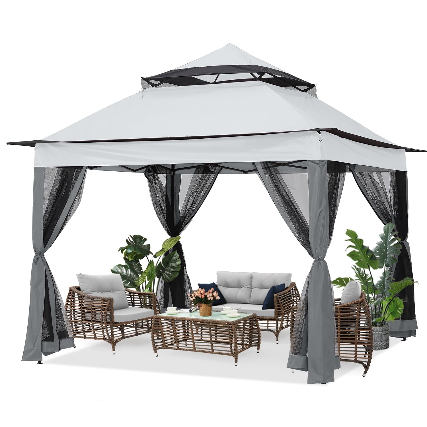 ABCCANOPY 13'x13' Gazebo Tent Outdoor Pop up Gazebo Canopy Shelter with Mosquito Netting, Brown