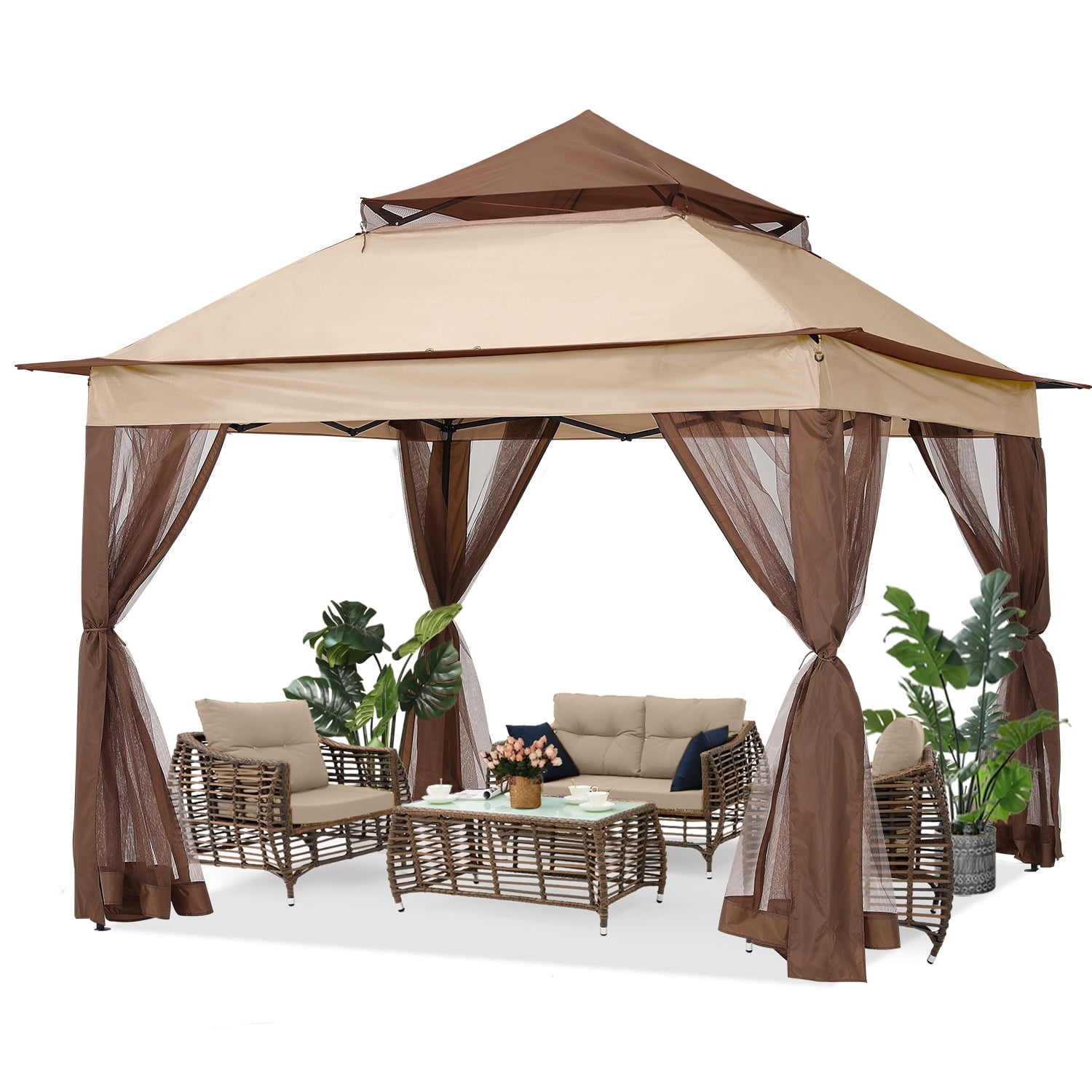 ABCCANOPY 13'x13' Gazebo Tent Outdoor Pop up Gazebo Canopy Shelter with Mosquito Netting, Brown