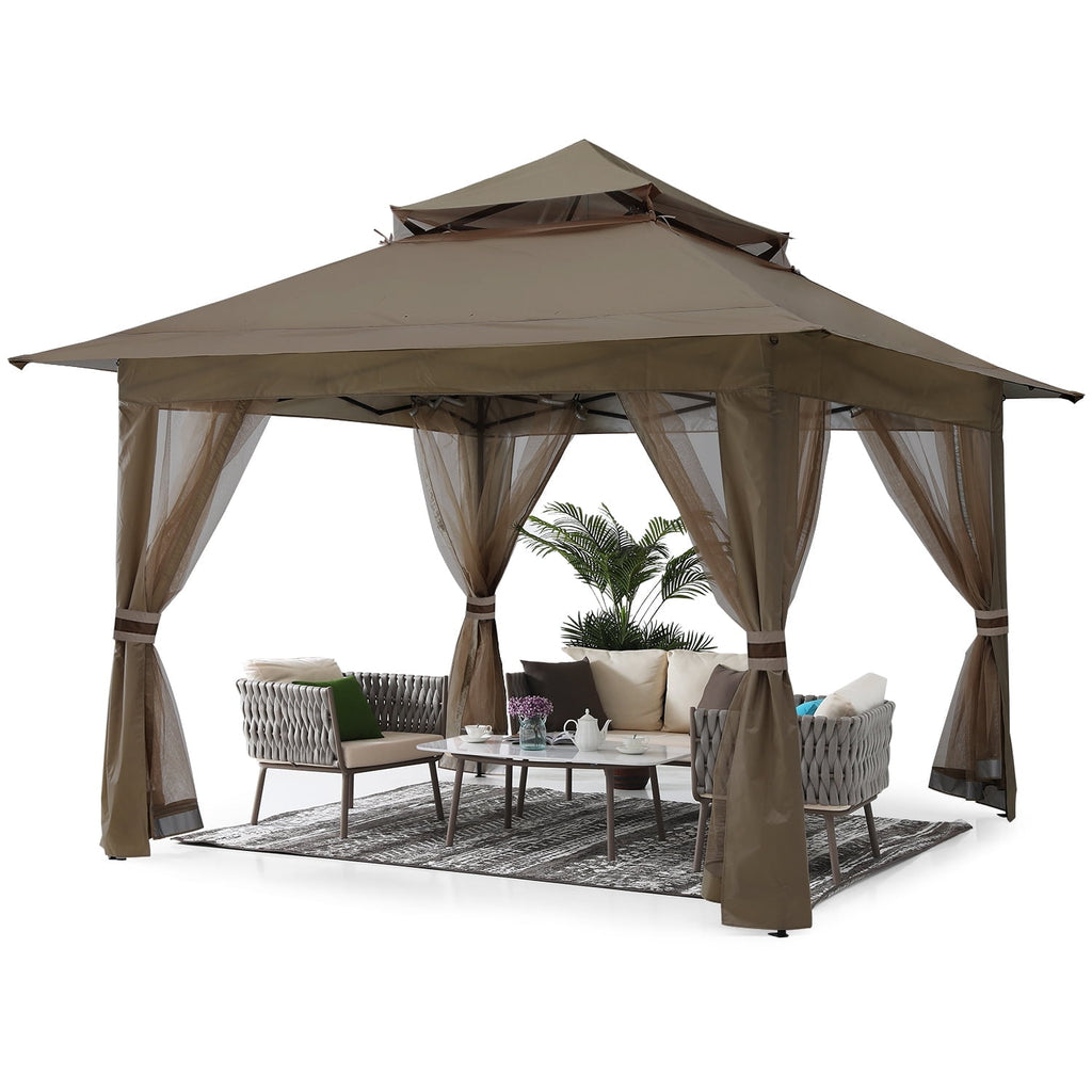 ABCCANOPY 13'x13' Gazebo Tent Outdoor Pop up Gazebo Canopy Shelter with Mosquito Netting, Brown
