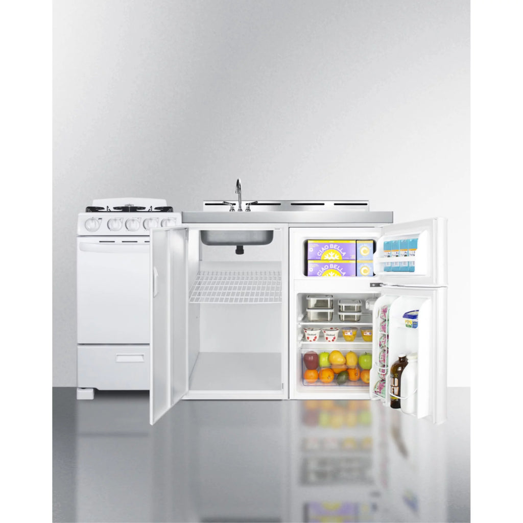 All-in-one combination kitchenette with refrigerator-freezer, sink, storage cabinet, and gas range