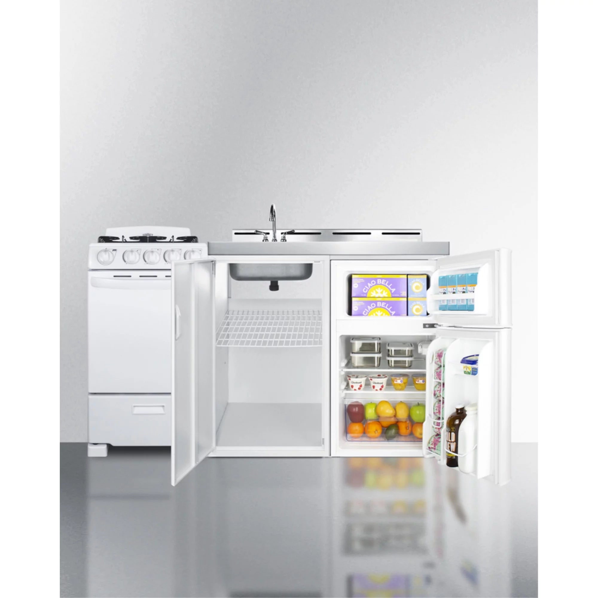 All-in-one combination kitchenette with refrigerator-freezer, sink, storage cabinet, and gas range