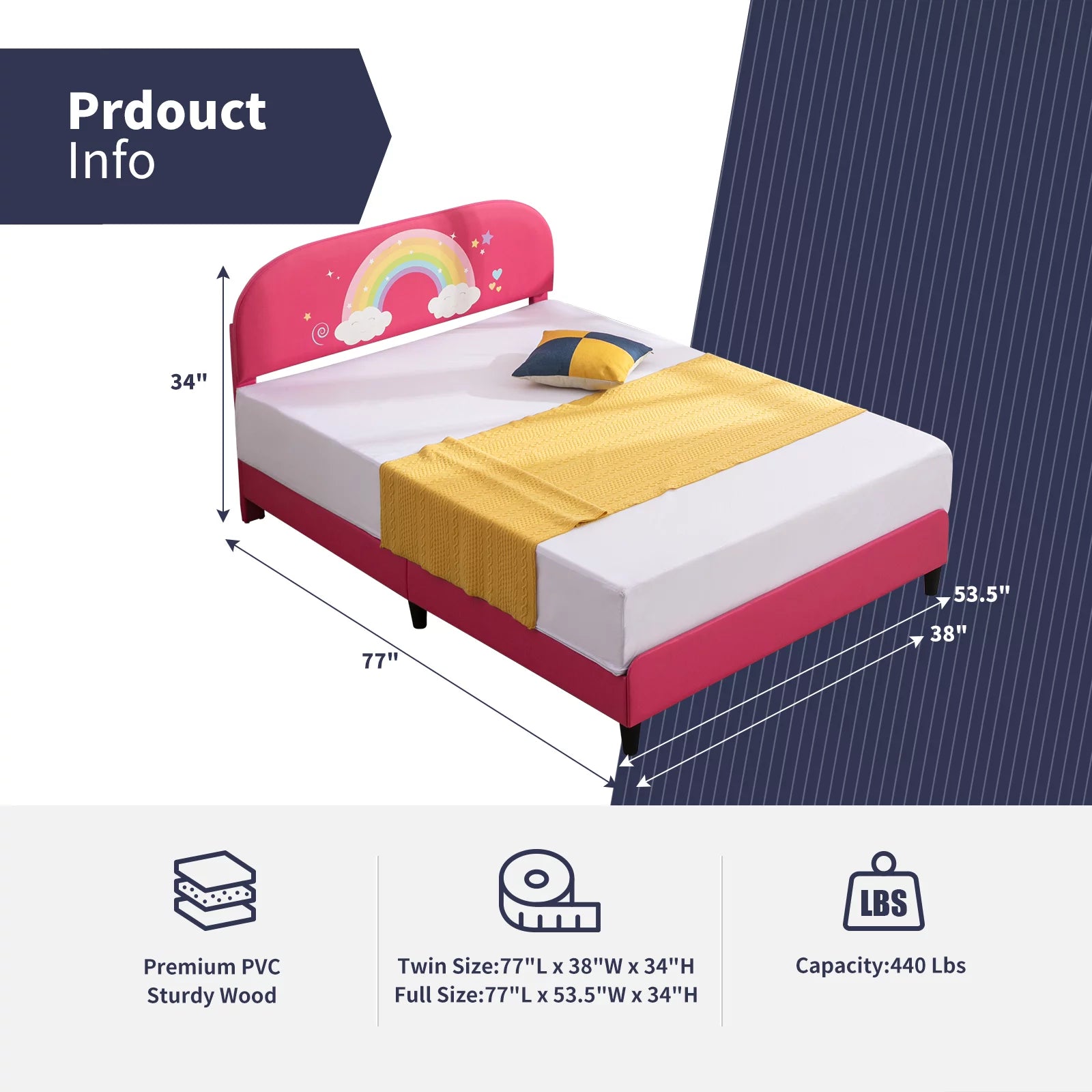 BALUS Kids Upholstered Full Bed Frame, Smooth Curved Headboard, Rainbow Design, Children's Protective, Easy Assembly, Pink