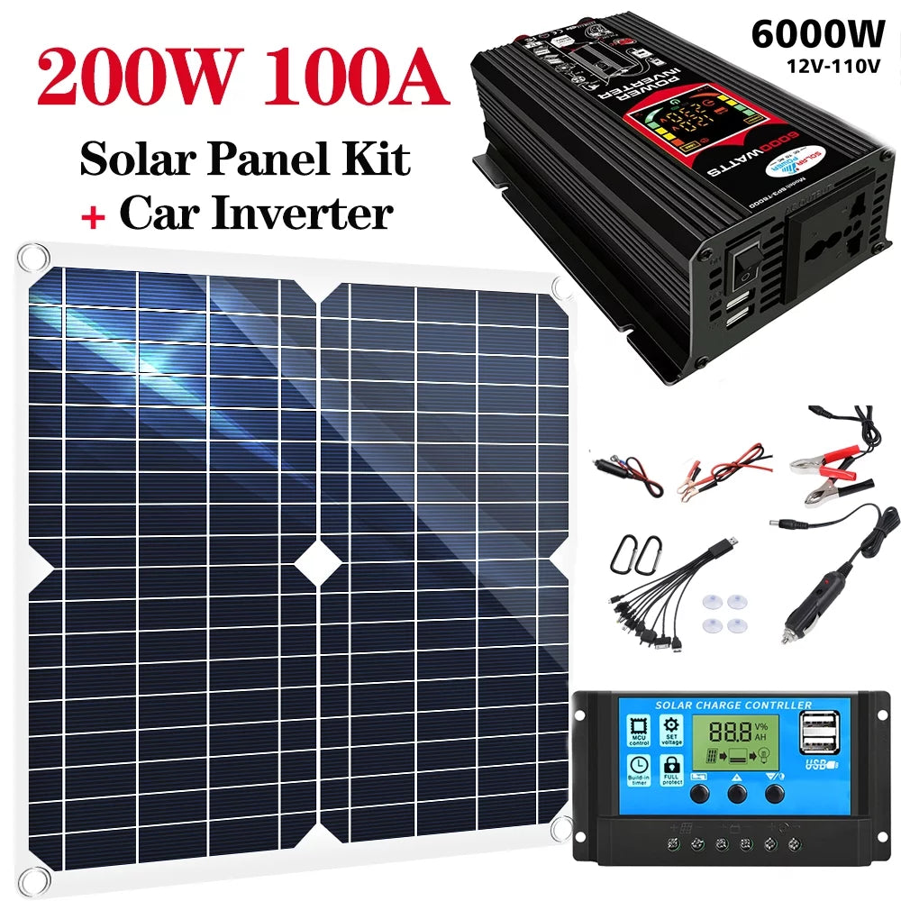 6000W Complete Solar Panel Kit Solar Power Generator 100A Home 110V Grid System