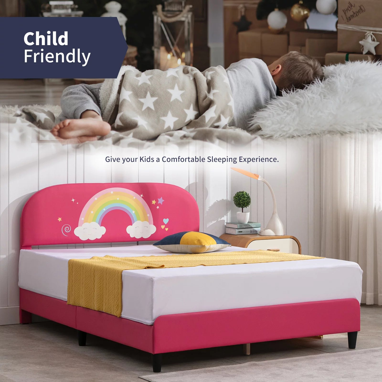 BALUS Kids Upholstered Full Bed Frame, Smooth Curved Headboard, Rainbow Design, Children's Protective, Easy Assembly, Pink