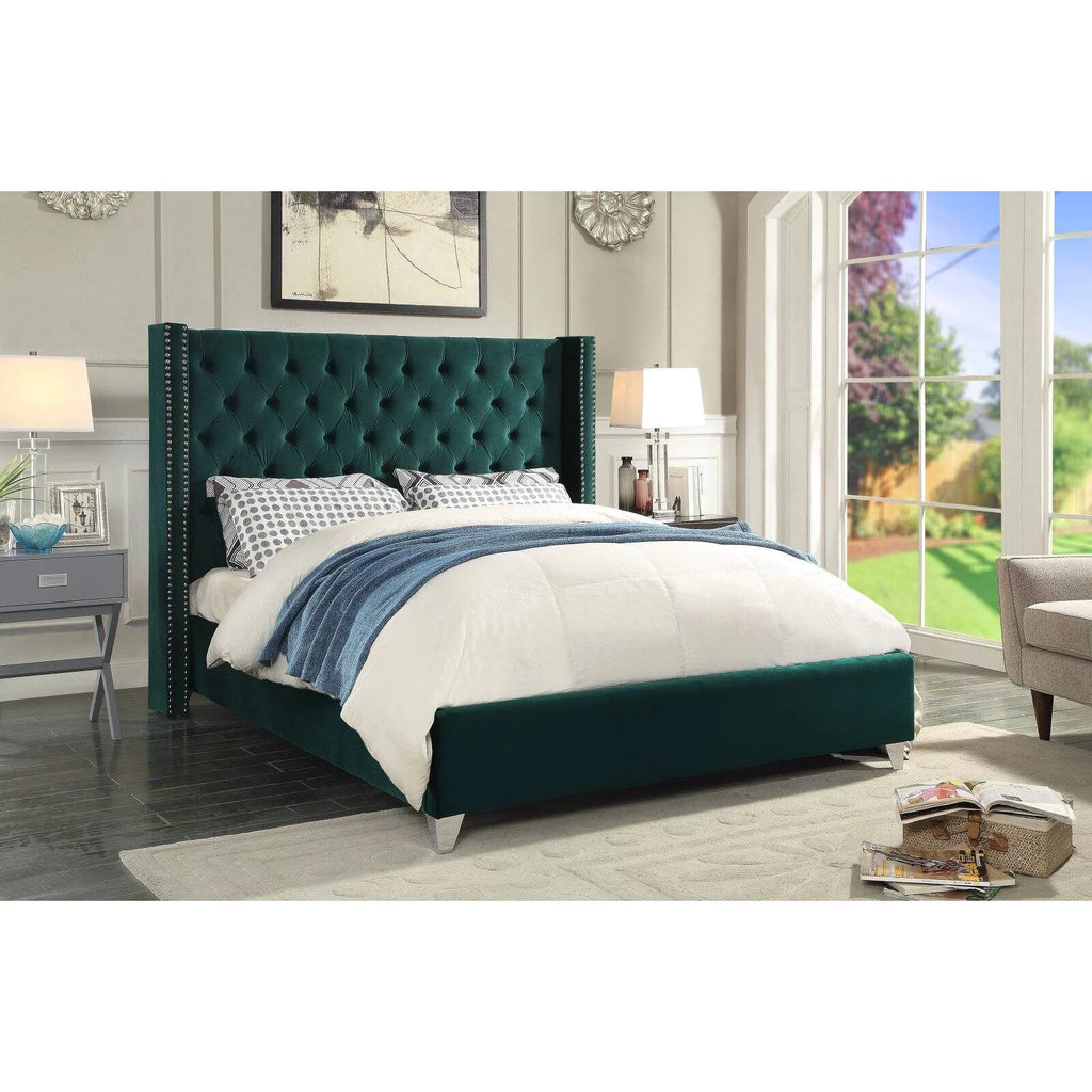 Aiden Green Velvet Queen Bed-Color:Green Velvet,Style:Contemporary
