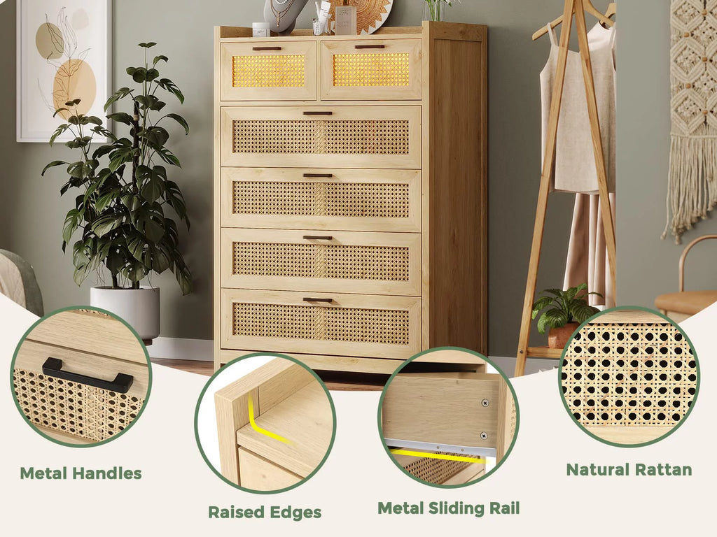 6 Drawer Dresser with Led Light for Bedroom, Natural Rattan Wood Dressers,Tall Dressers & Chests of Drawers,Living Room Entryway Closet Dresser