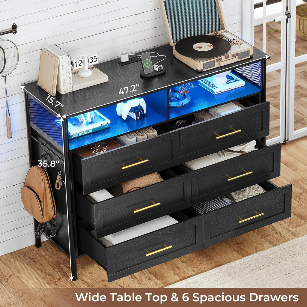 6 Drawer Dresser with Charging Station, Modern LED Wood Dresser with LED Lights and Cloth Pocket, Black
