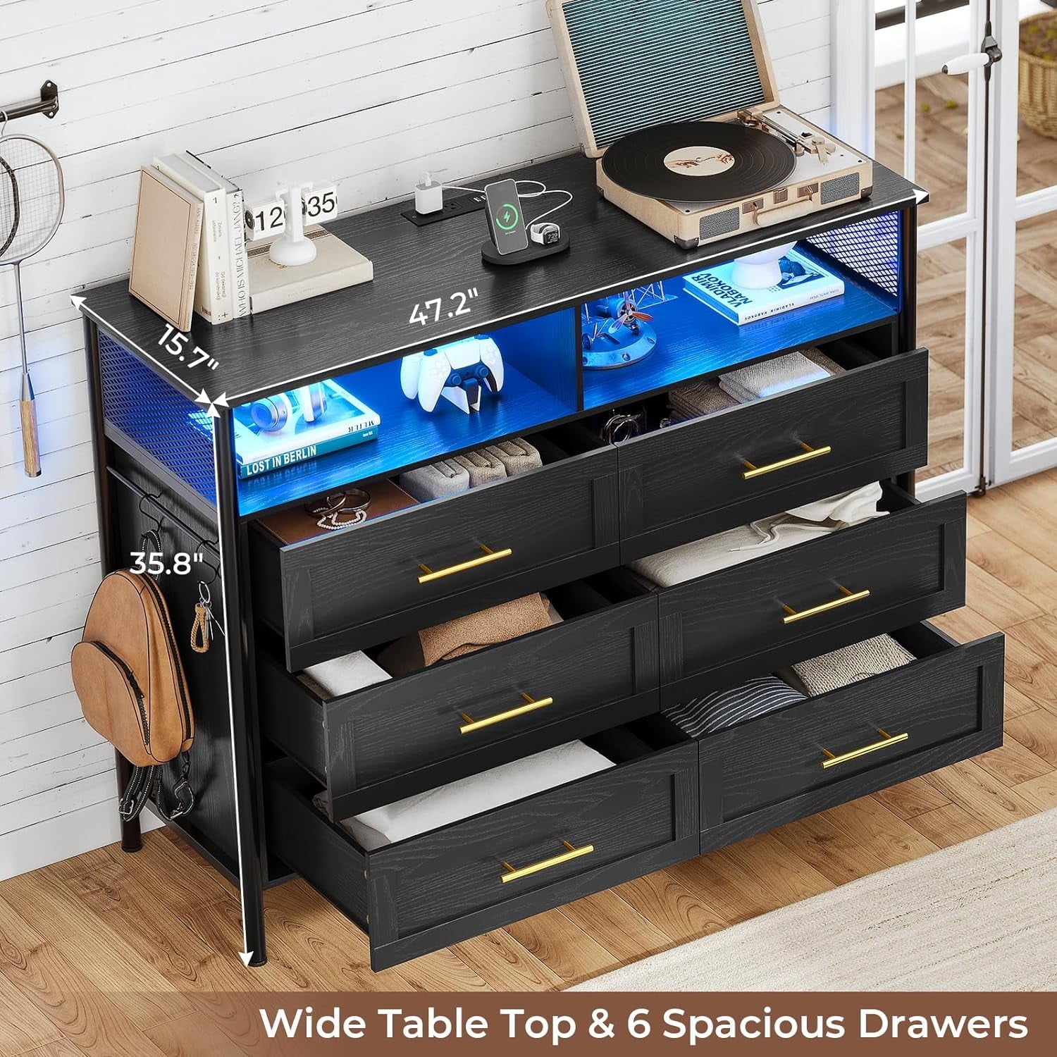 6 Drawer Dresser with Charging Station, Modern LED Wood Dresser with LED Lights and Cloth Pocket, Black