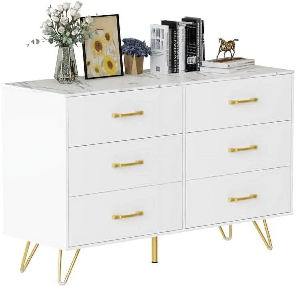 6 Drawer Dresser for Bedroom  White Dresser   Large Double Dresser with Faux Marble Top and Wide Drawers   Organizer Dresser  Chests of Drawers for Hallway  Living Room  Bedroom