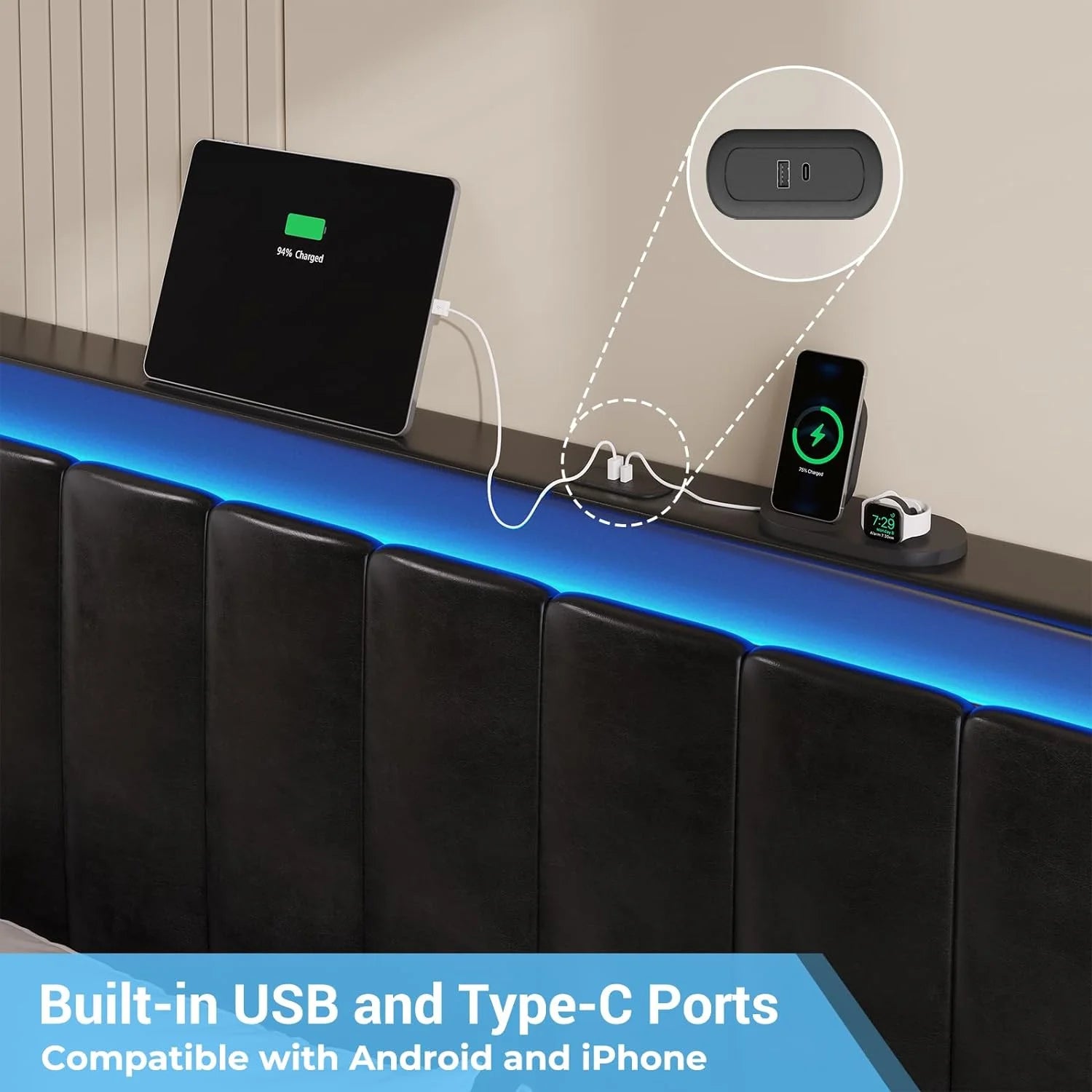 Afuhokles King Size LED Bed Frame with 4 Storage Drawers and USB and Type-C Ports, Upholstered Platform Bed Frame with Headboard, Black