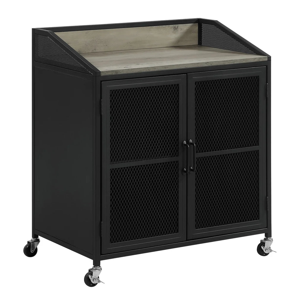 34 Inch Bar Cabinet On Wheels Wire Mesh Doors Wood Grain Details Black - Saltoro Sherpi