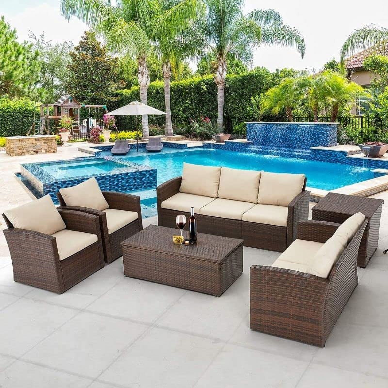 AECOJOY 6 Pieces Outdoor Furniture Set , Patio Rattan Wicker Sectional Sofa Conversation Set, Beige