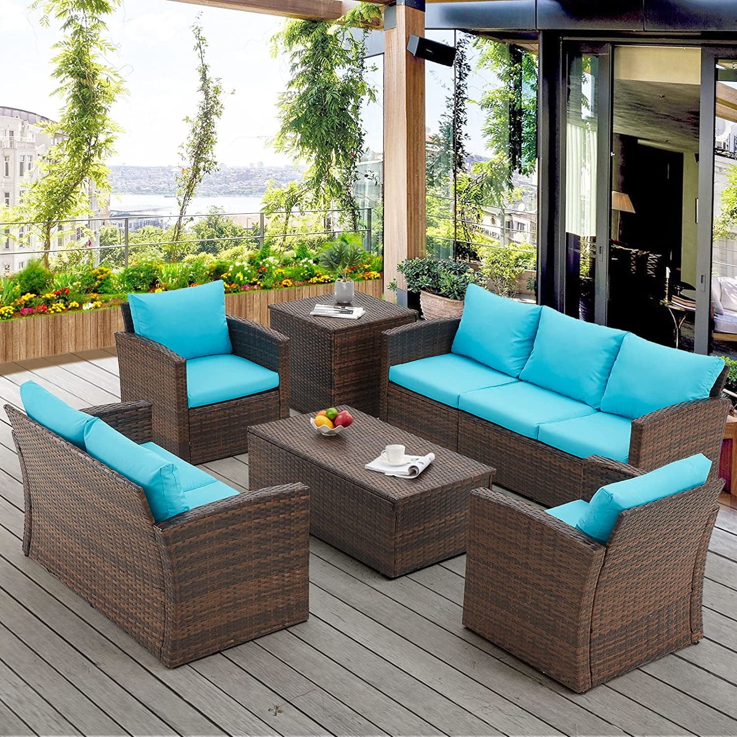AECOJOY 6 Pieces Outdoor Furniture Set , Patio Rattan Wicker Sectional Sofa Conversation Set, Beige