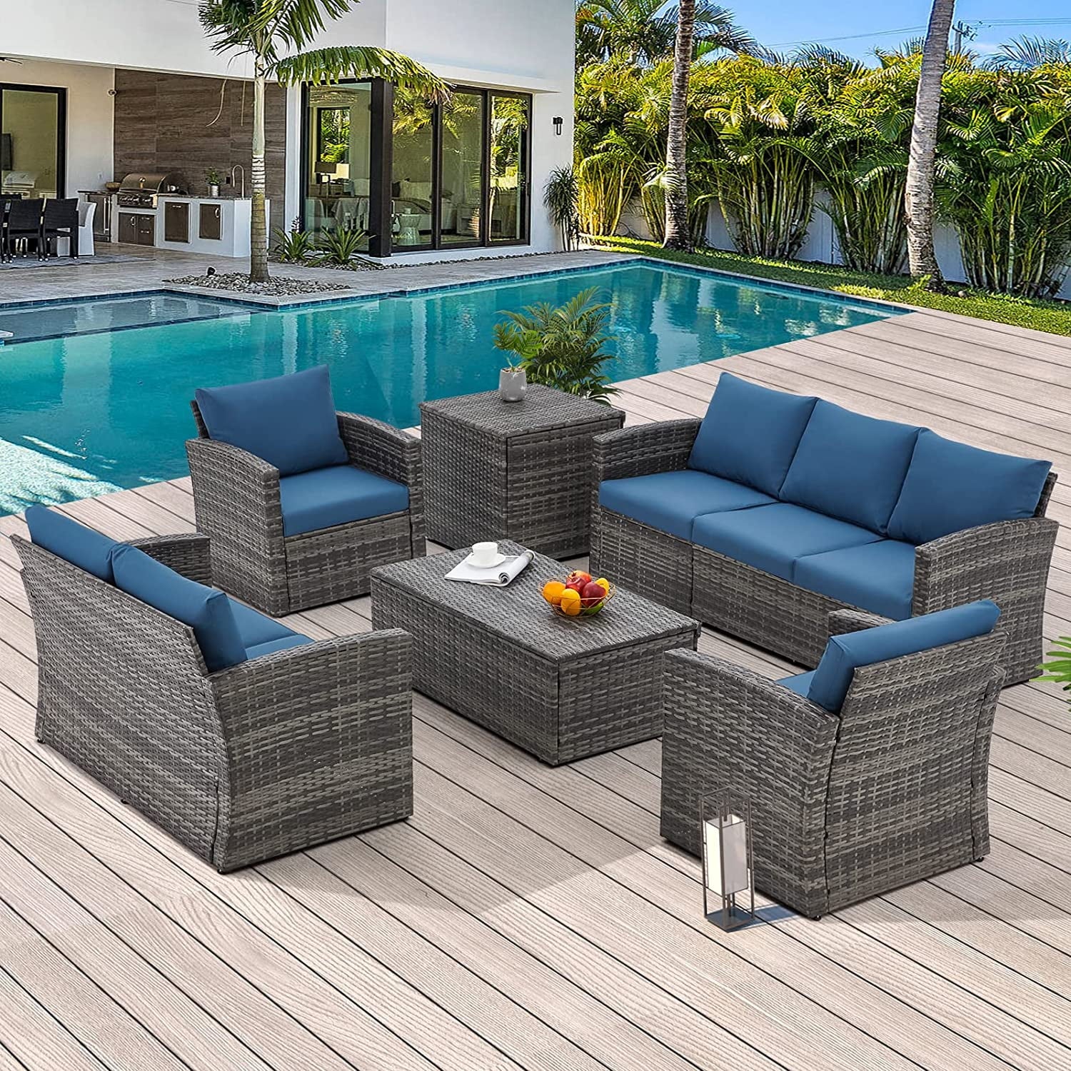 AECOJOY 6 Pieces Outdoor Furniture Set , Patio Rattan Wicker Sectional Sofa Conversation Set, Beige