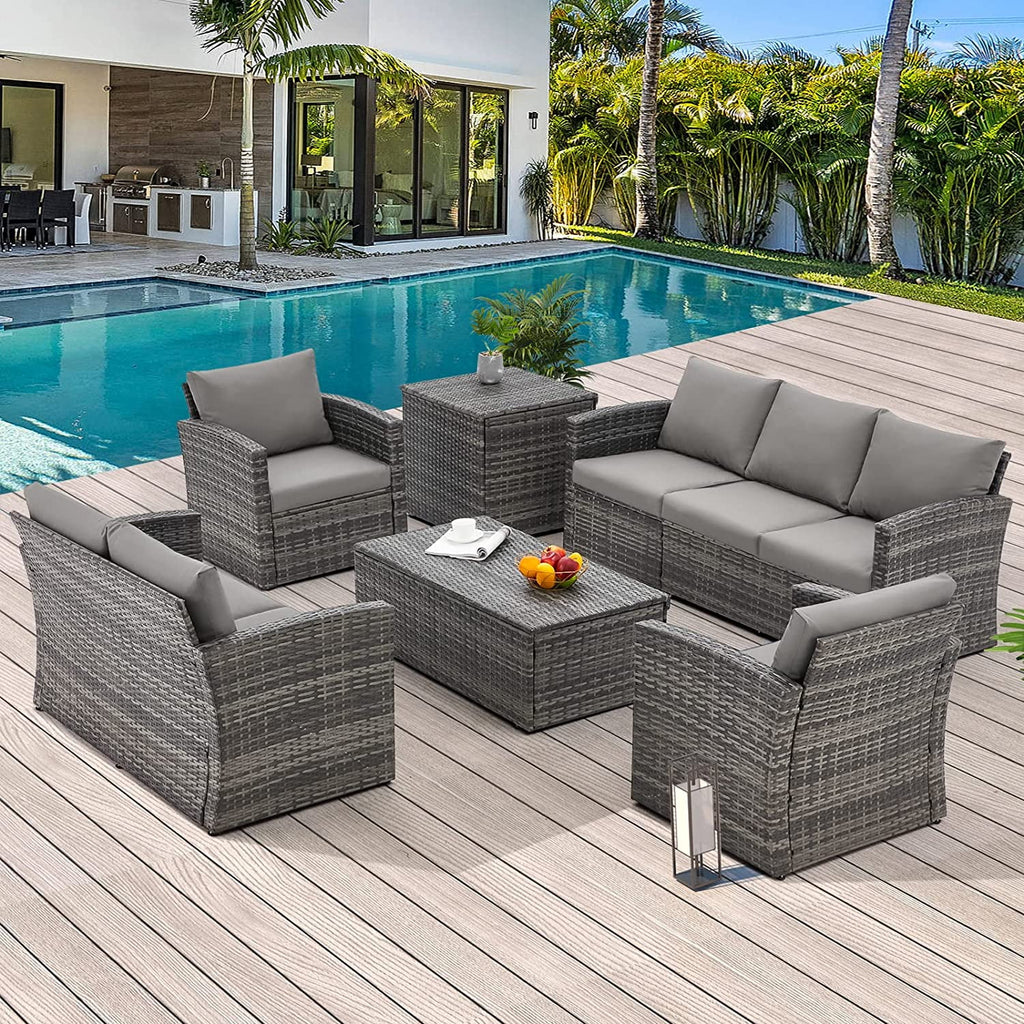 AECOJOY 6 Pieces Outdoor Furniture Set , Patio Rattan Wicker Sectional Sofa Conversation Set, Beige