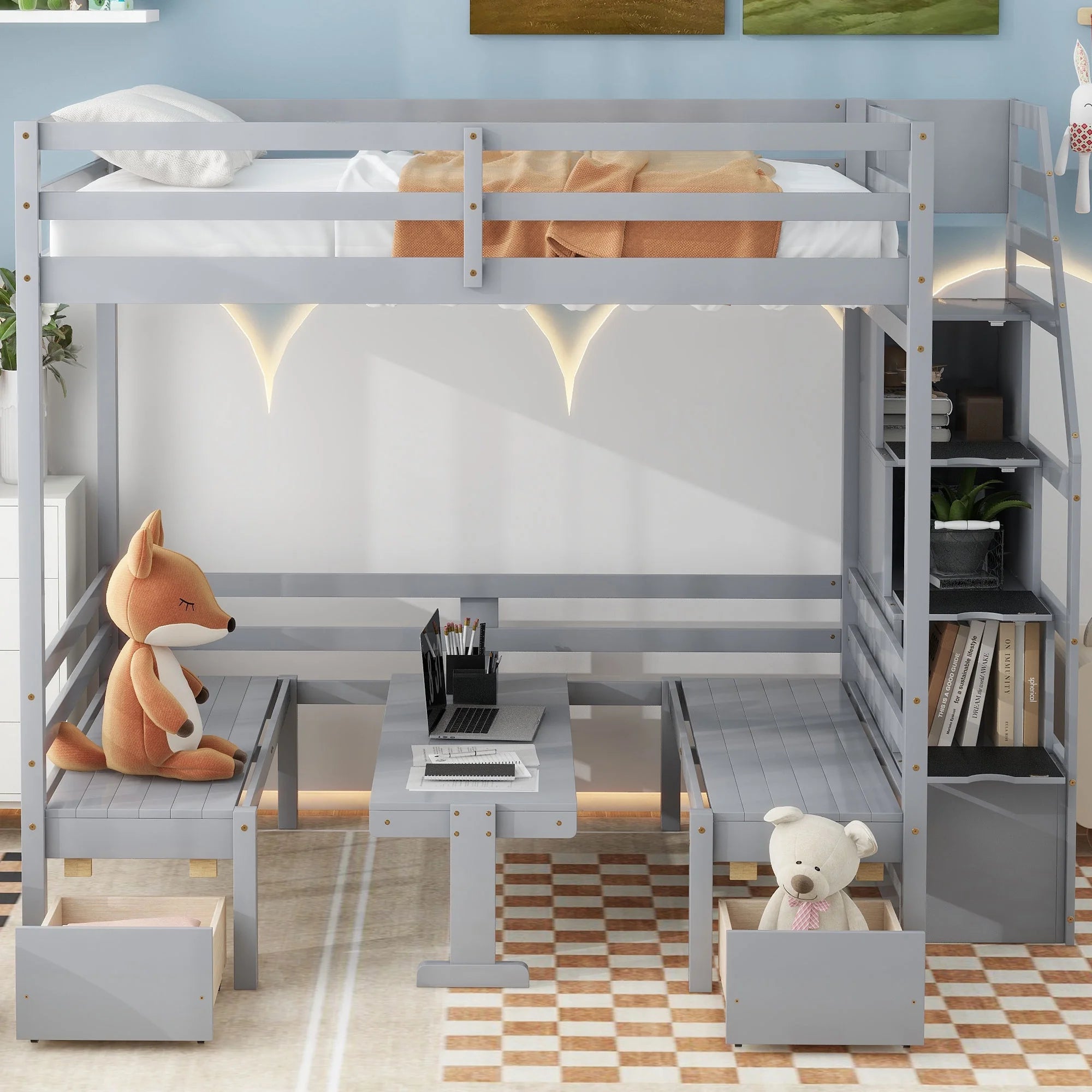 Bellemave Full Over Full Bunk Beds with Stairs, Loft Bed with Desk and Seat Can be Turned Into Bunk Bed, Wood Convertible Bunk Bed with 2 Storage Drawers for Kids Teen (Grey)