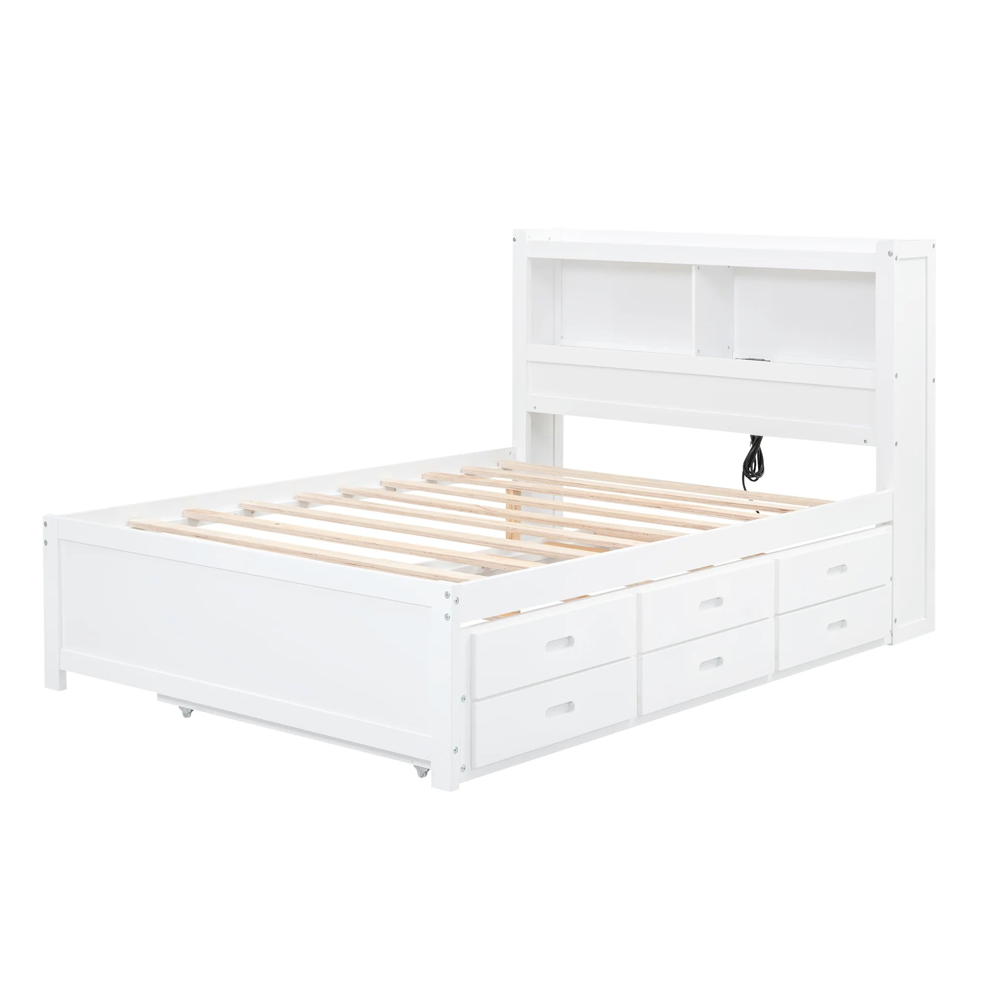 Bellemave Full Size Captain Bed with Storage Bookcase Headboard and USB Charging Ports Platform Bed with Trundle and Drawers Wooden Storage Bed Frame for Kids, Teens (White)
