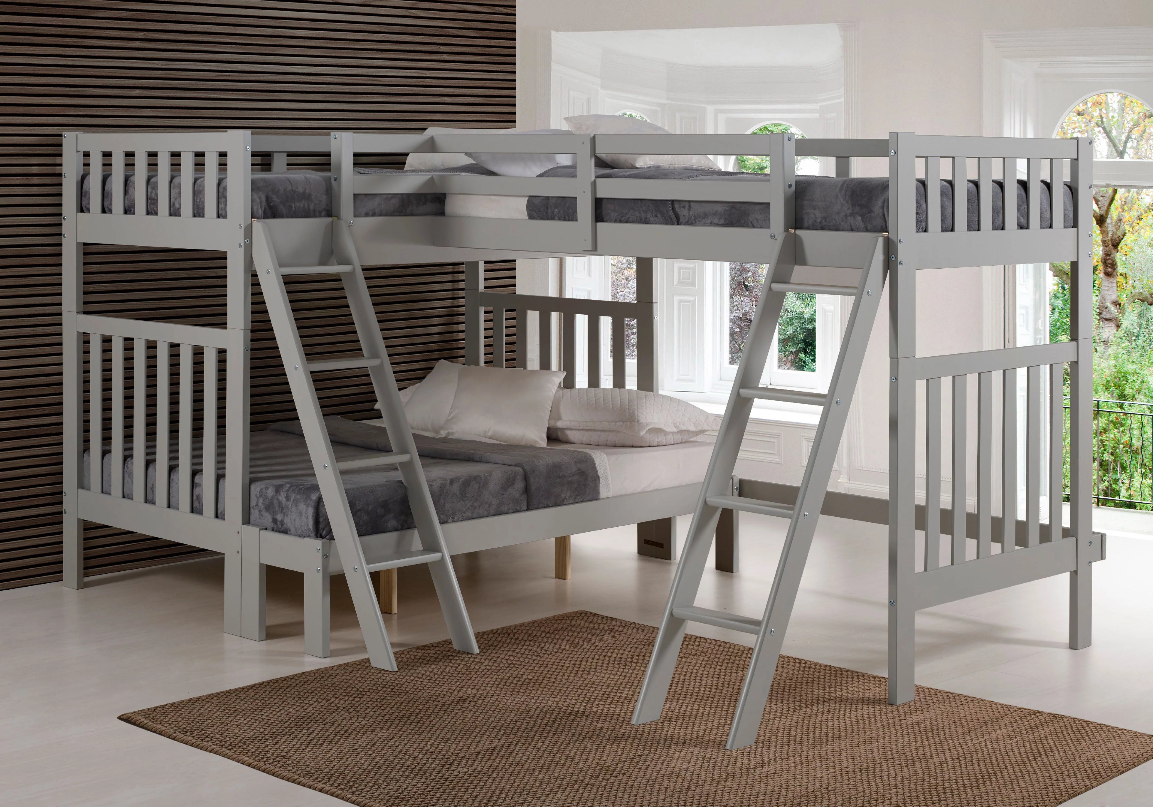 Alaterre Aurora Twin Over Full Wood Bunk Bed with Tri-Bunk Extension - Dove Gray