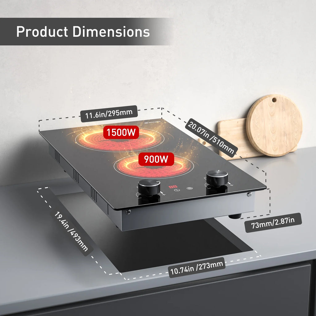 12 Inch Electric Ceramic Cooktop with Knob Control, Built-in 2400W Dual Cooker Electric Stove Tops, 2 Burners Range Top 220V, Child Safety Lock & Timer, Sensor Touch Control, 9 Power Levels