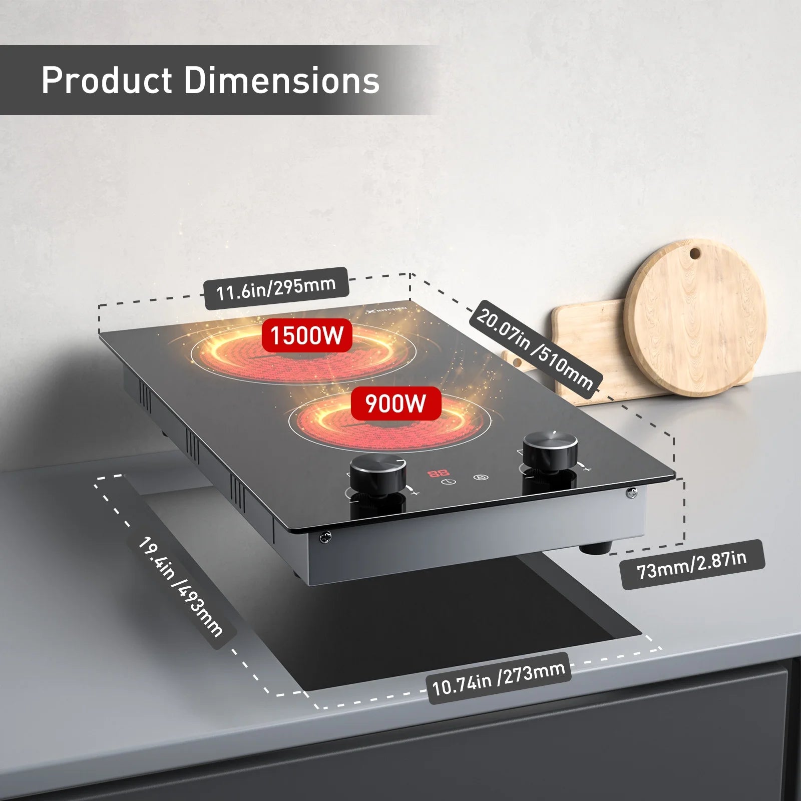 12 Inch Electric Ceramic Cooktop with Knob Control, Built-in 2400W Dual Cooker Electric Stove Tops, 2 Burners Range Top 220V, Child Safety Lock & Timer, Sensor Touch Control, 9 Power Levels