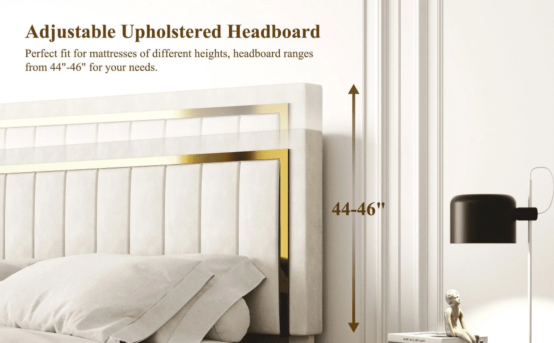 Abody Queen Platform Bed Frame with Adjustable Headboard, Velvet Upholstered Queen Bed Frame with Wooden Slats Support & Gold Trim, Noise-Free, Easy Assembly, No Box Spring Needed, Beige