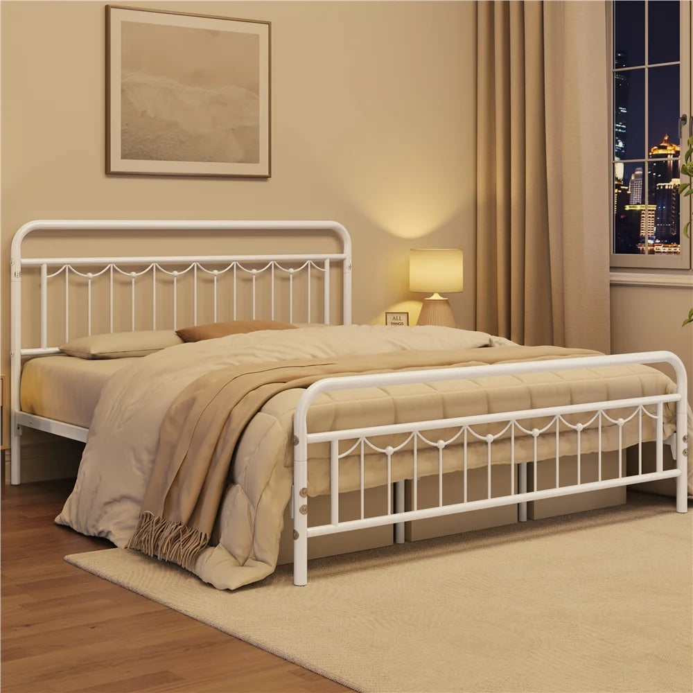 Alden Design Metal Platform Bed with Vintage Headboard and Footboard, California King Size, White
