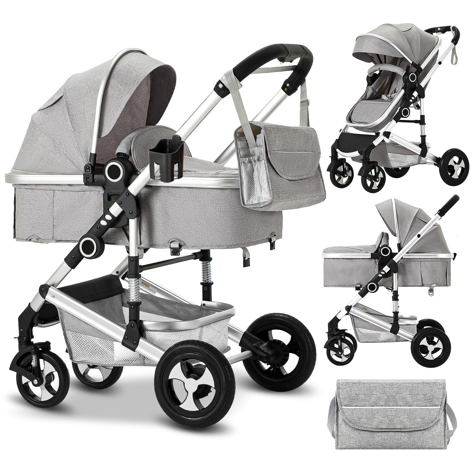 AILEEKISS 2 in 1 Convertible Baby Stroller, Unisex Folding Infant Newborn Bassinet Pram, Dark Grey