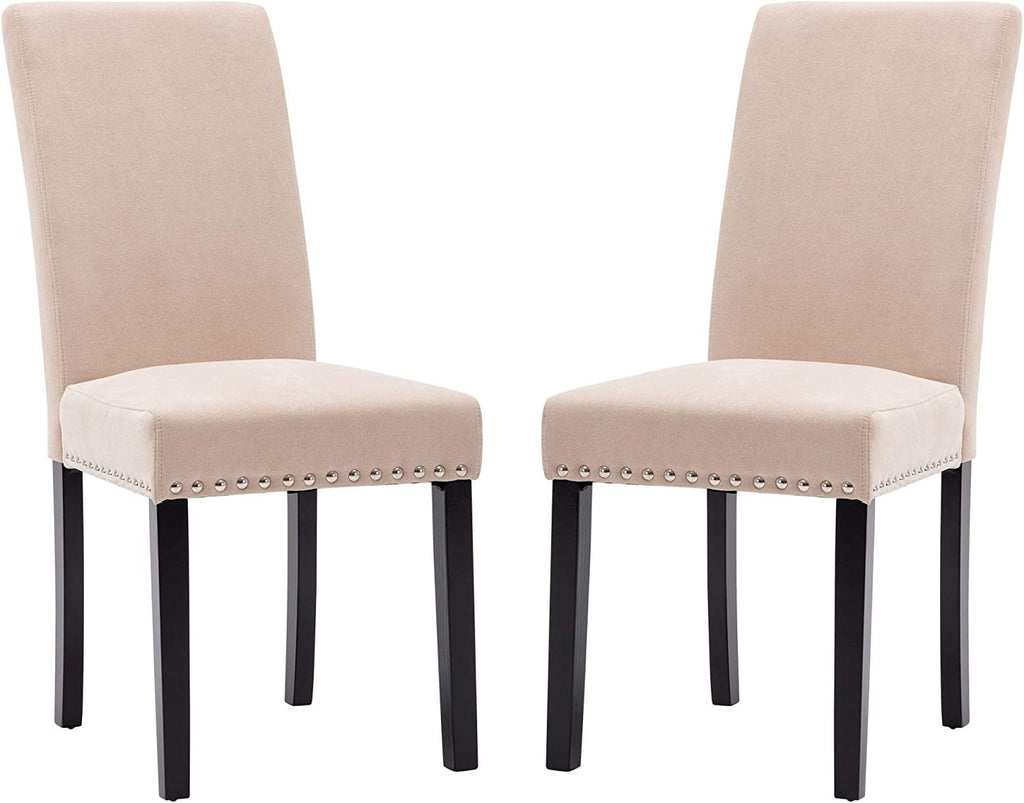 AOKHNBF Dining Chairs Upholstered Living Room Chairs Fabric Padded Parson Chair Kitchen Living Room Armless Side Chair with Silver Nails and Solid Wood Legs (Beige)