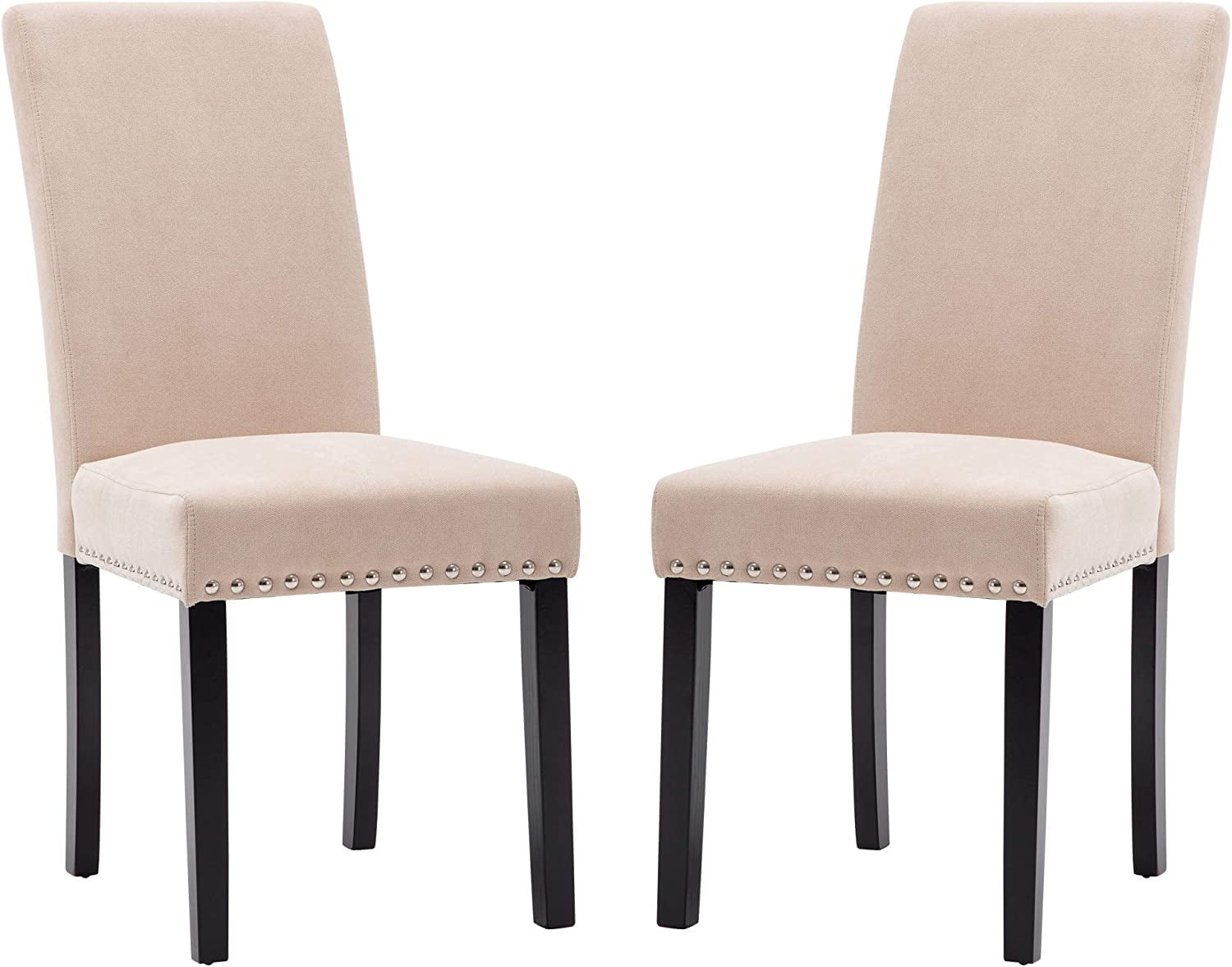 AOKHNBF Dining Chairs Upholstered Living Room Chairs Fabric Padded Parson Chair Kitchen Living Room Armless Side Chair with Silver Nails and Solid Wood Legs (Beige)