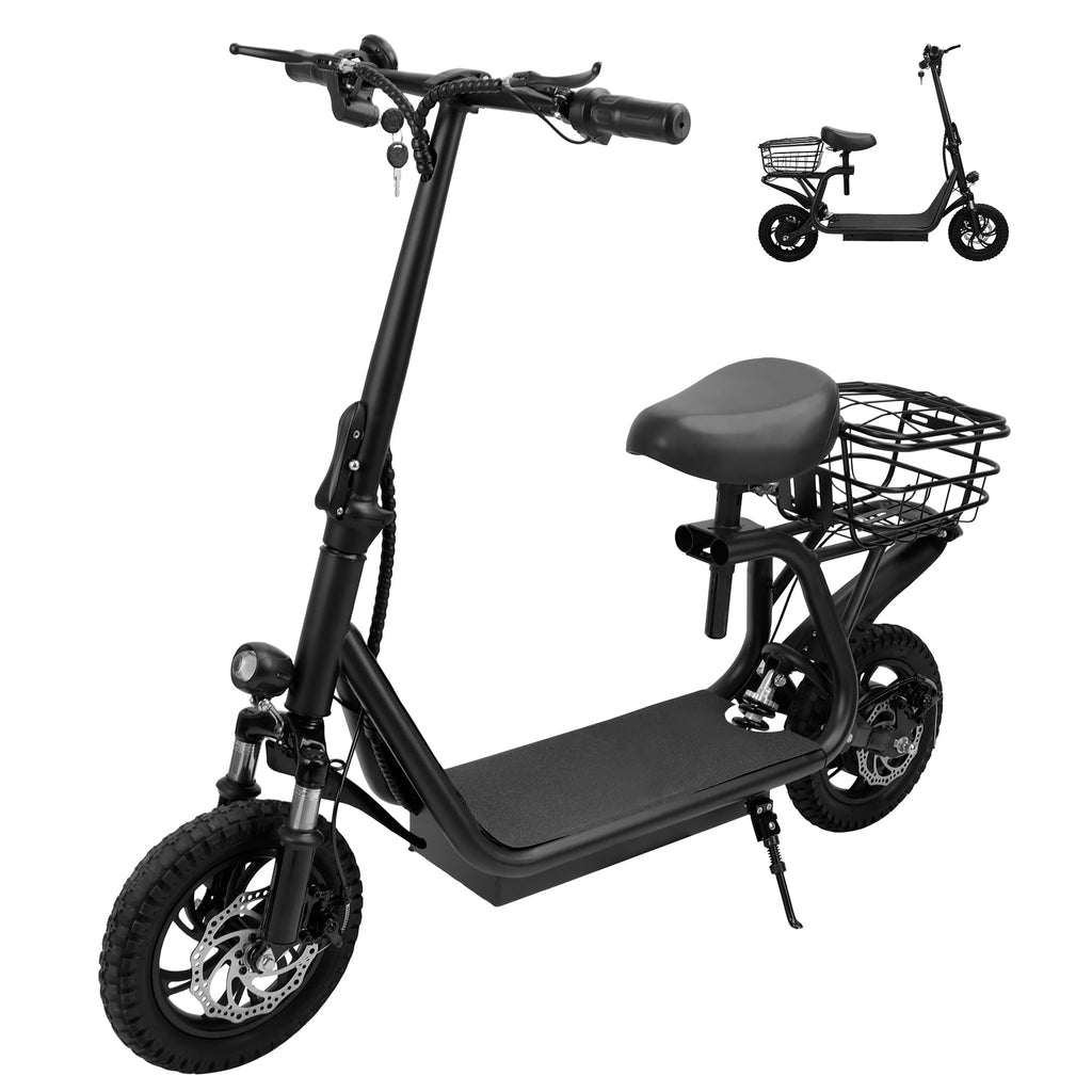 ARTUDATECH 500W Adult Shock Absorption Electric Scooter with Seat 12" Commuter Electric Scooter With Carry Basket - Up to 25 Miles 18.6MPH