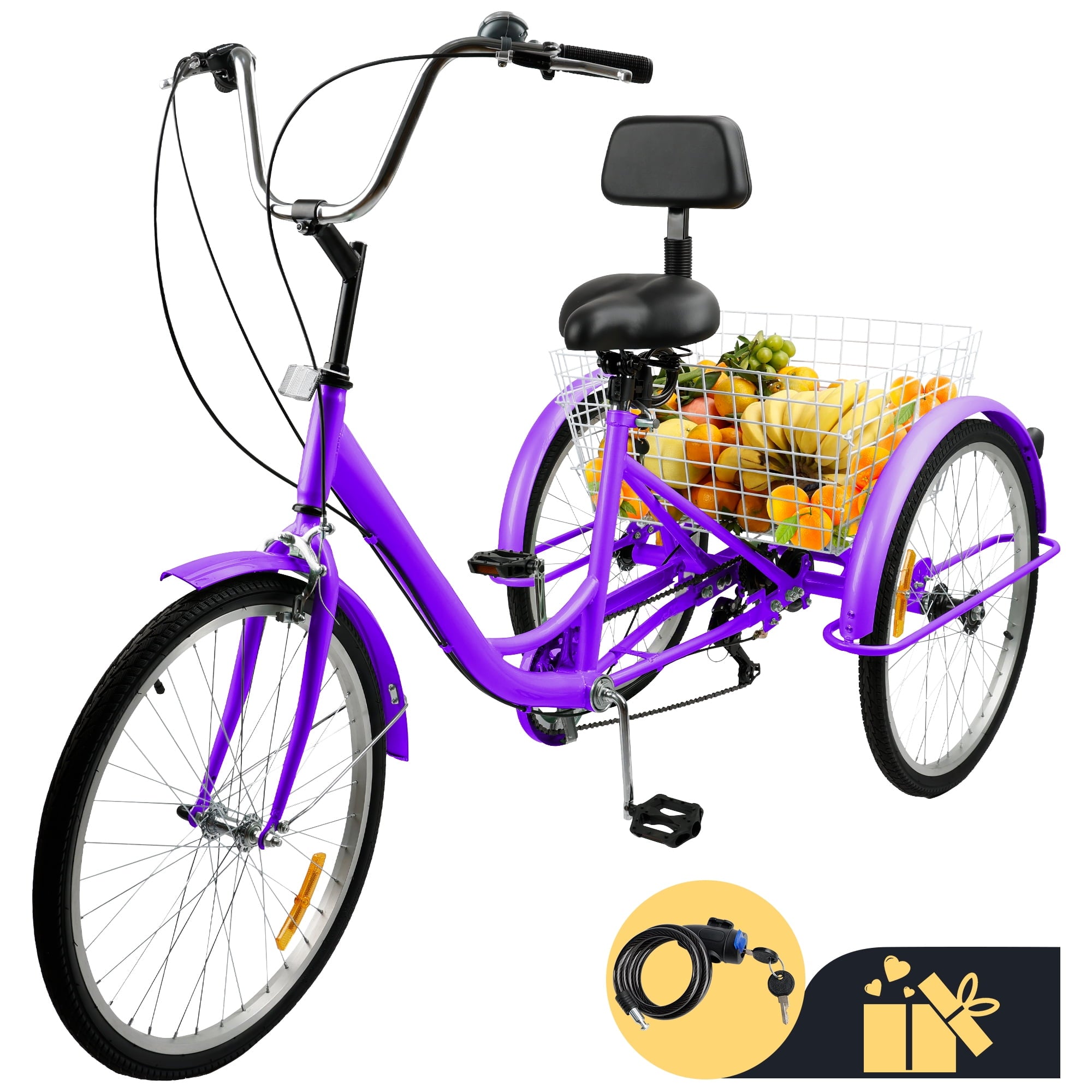 ARTUDATECH 7-Speed Adult Tricycle 24" Purple Three-Wheeled 3 Wheel Cruiser Bike with Seat and Rear Basket for Shopping,Commuting,Camping