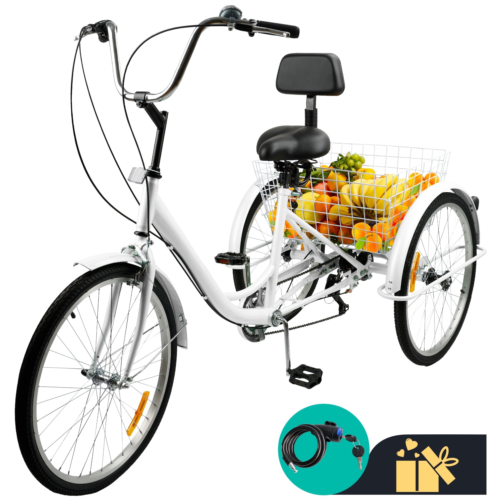 ARTUDATECH 7-Speed Adult Tricycle 24" Purple Three-Wheeled 3 Wheel Cruiser Bike with Seat and Rear Basket for Shopping,Commuting,Camping