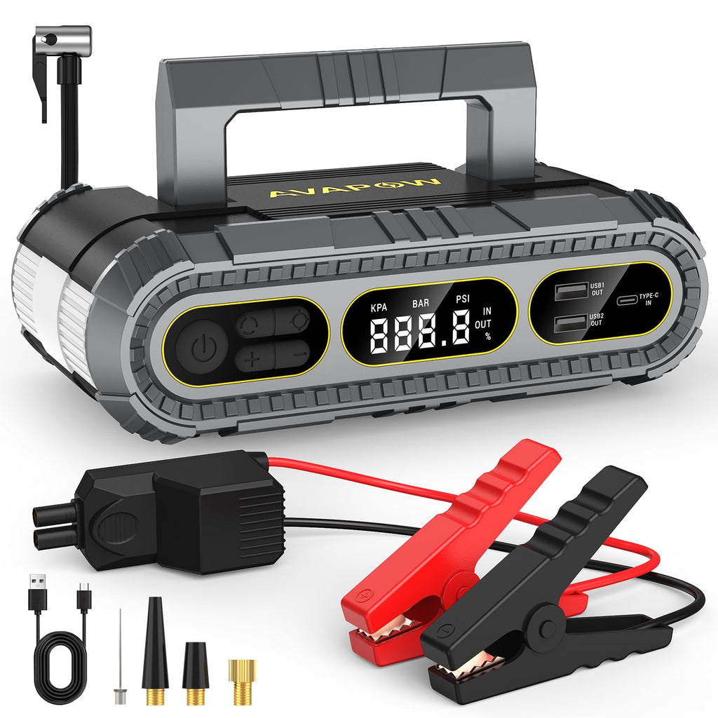 AVAPOW Jump Starter with Air Compressor, 2000A Battery Jump Starter (up to 8.0L Gas/6.0L Diesel Engines), 150PSI Digital Tire Inflator, 12V Jump Box with Emergency Light