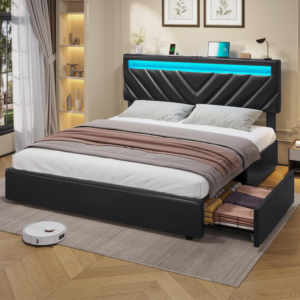Afuhokles Queen Bed Frame with LED Lights Headboard, 4 Drawers,2 USB Charging Station, Upholstered Platform Bed, Dark Gray