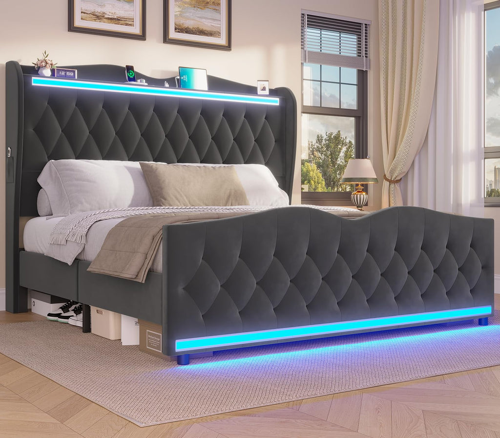 Afuhokles LED Bed Frame King Size with Tall Storage Headboard Footboard, Charging Station, Velvet Upholstered Platform Bed, Gray