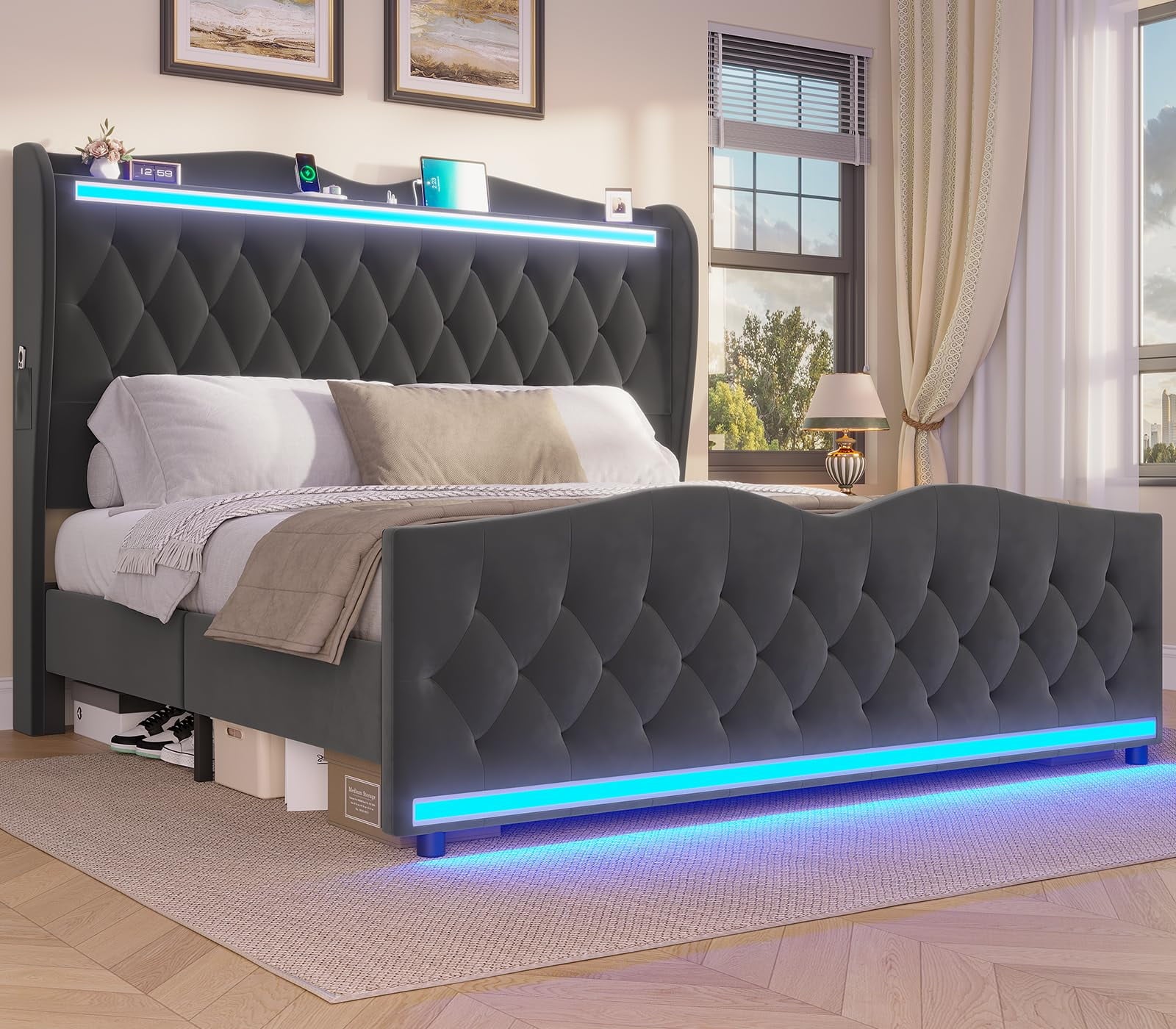 Afuhokles LED Bed Frame King Size with Tall Storage Headboard Footboard, Charging Station, Velvet Upholstered Platform Bed, Gray