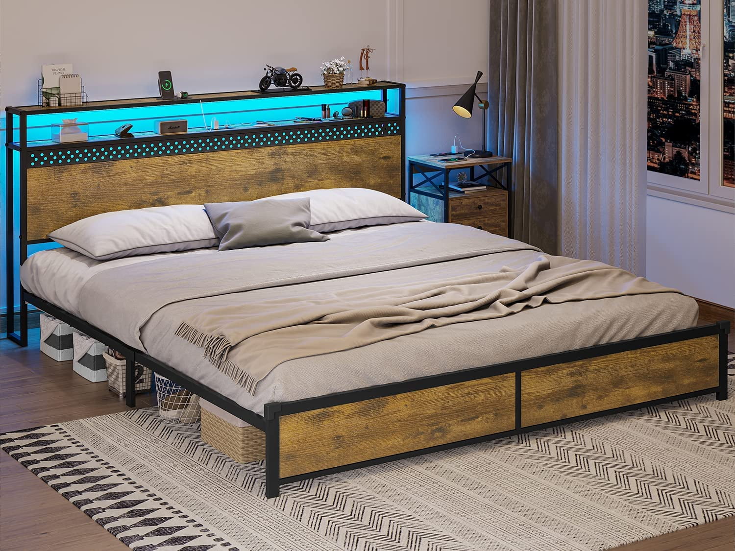 Afuhokles LED King Bed Frame with Outlets and USB Ports, Metal Platform Bed with 2-Tier Storage Headboard and LED Lights, Vintage Brown