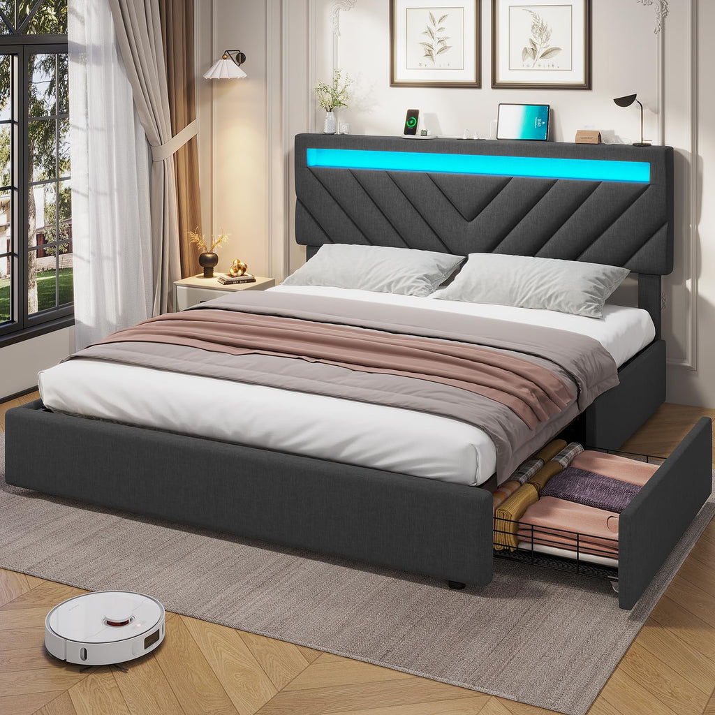 Afuhokles Queen Bed Frame with LED Lights Headboard, 4 Drawers,2 USB Charging Station, Upholstered Platform Bed, Dark Gray