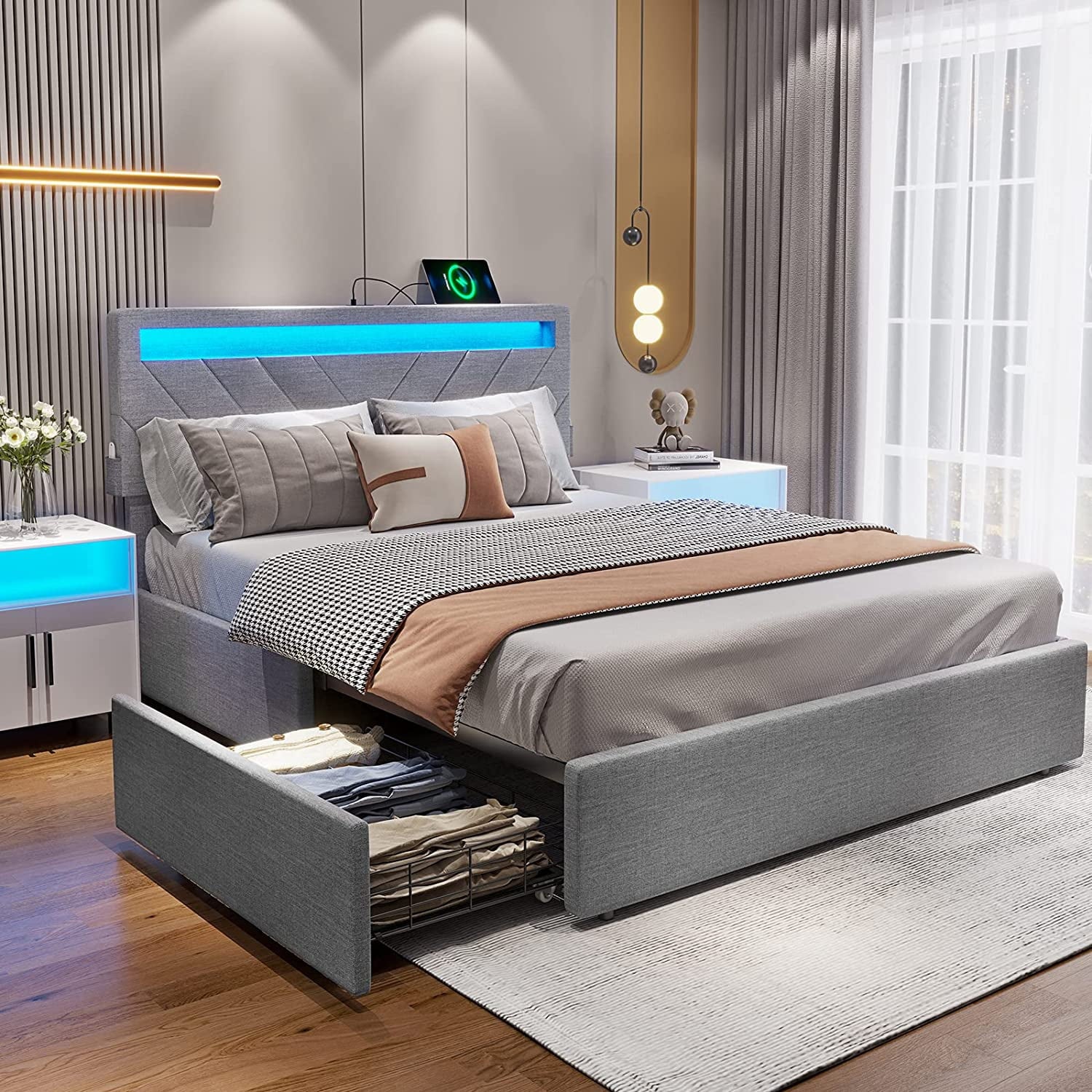 Afuhokles Queen Bed Frame with LED Lights Headboard, 4 Drawers,2 USB Charging Station, Upholstered Platform Bed, Dark Gray