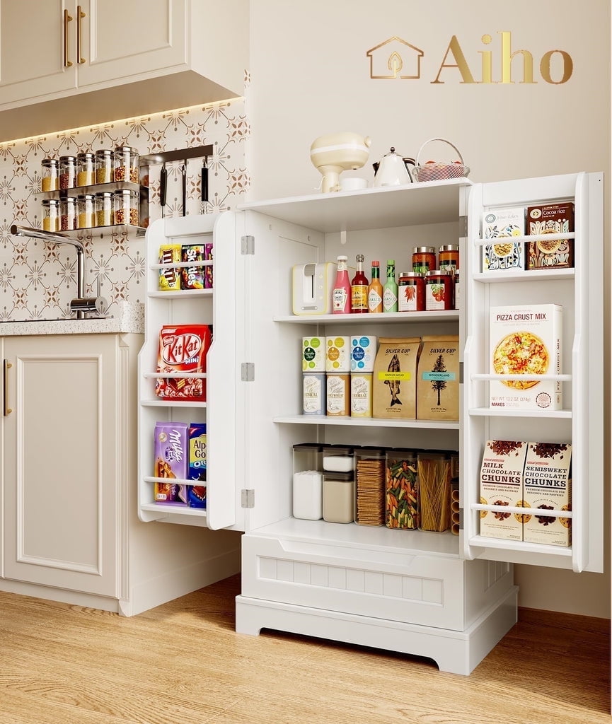 Aiho 47" H Kitchen Pantry Cabinet with 2 Doors and 2 Drawers, Solid & Sturdy, Storage Cabinet for Entryway, Kitchen - White
