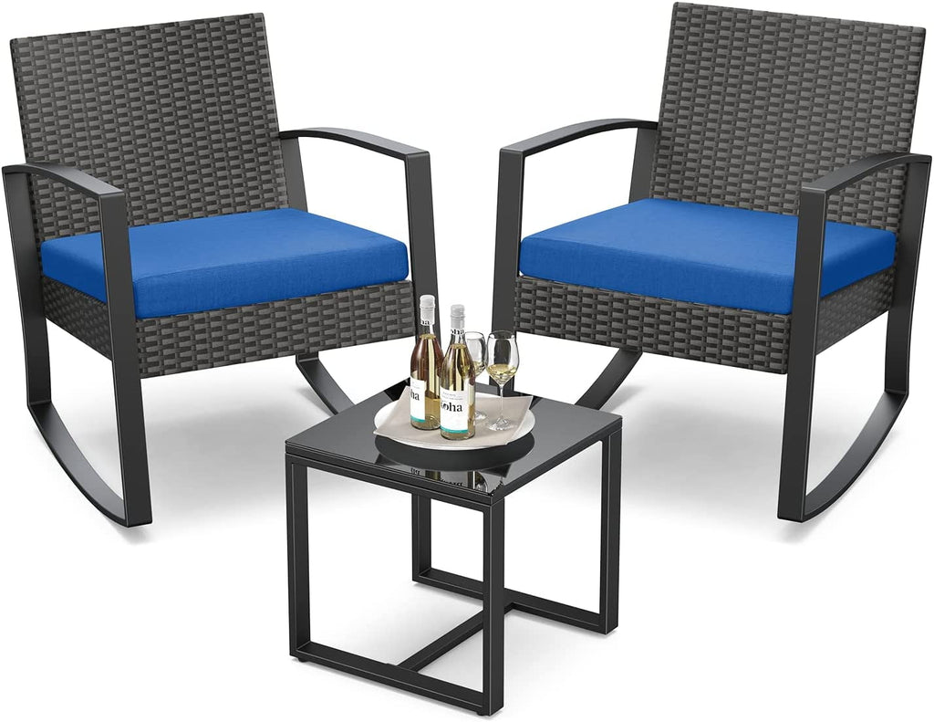 3 Piece Patio Bistro Set, Outdoor Furniture Rocking Chair Set with Glass Table, Beige Cushion