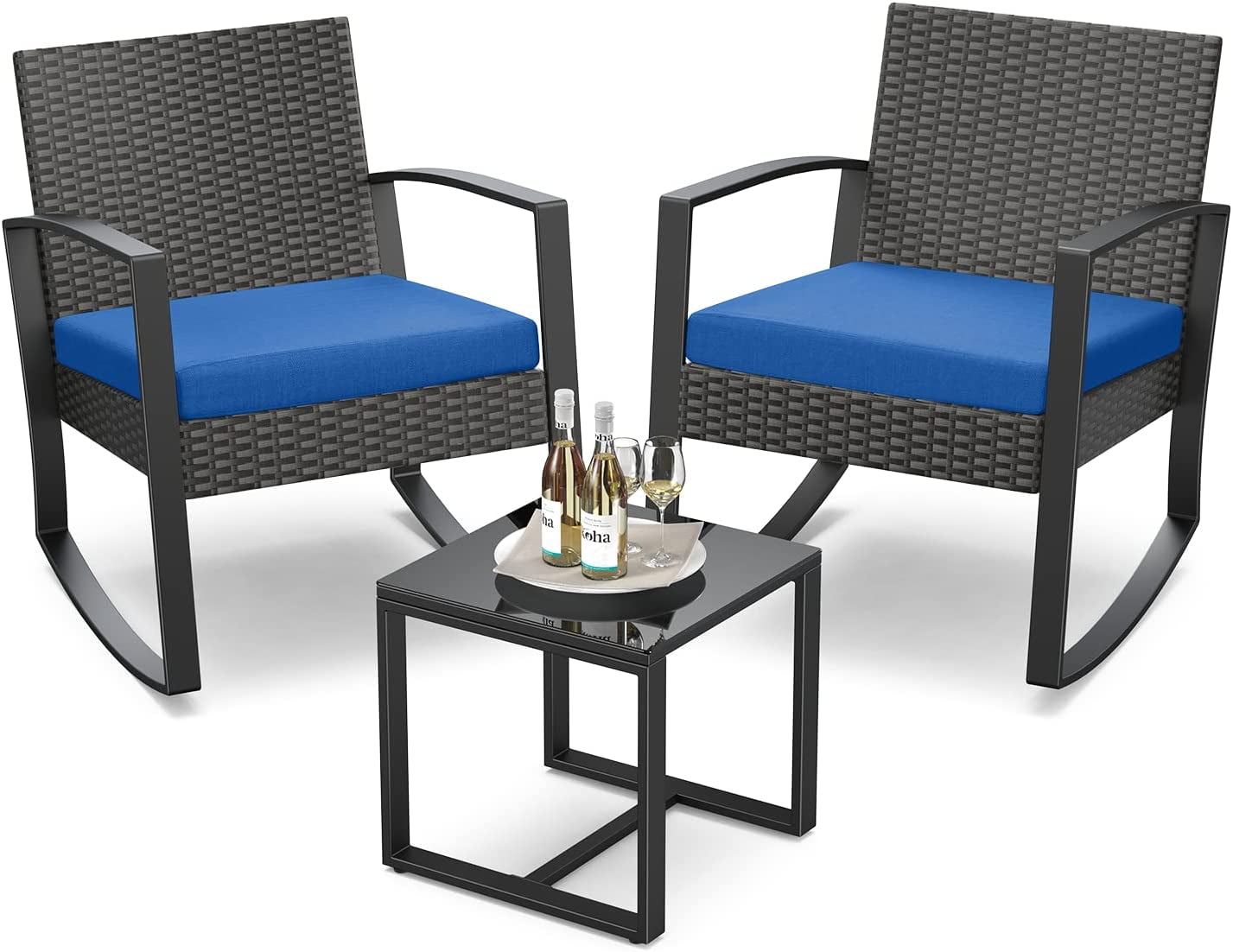 3 Piece Patio Bistro Set, Outdoor Furniture Rocking Chair Set with Glass Table, Beige Cushion